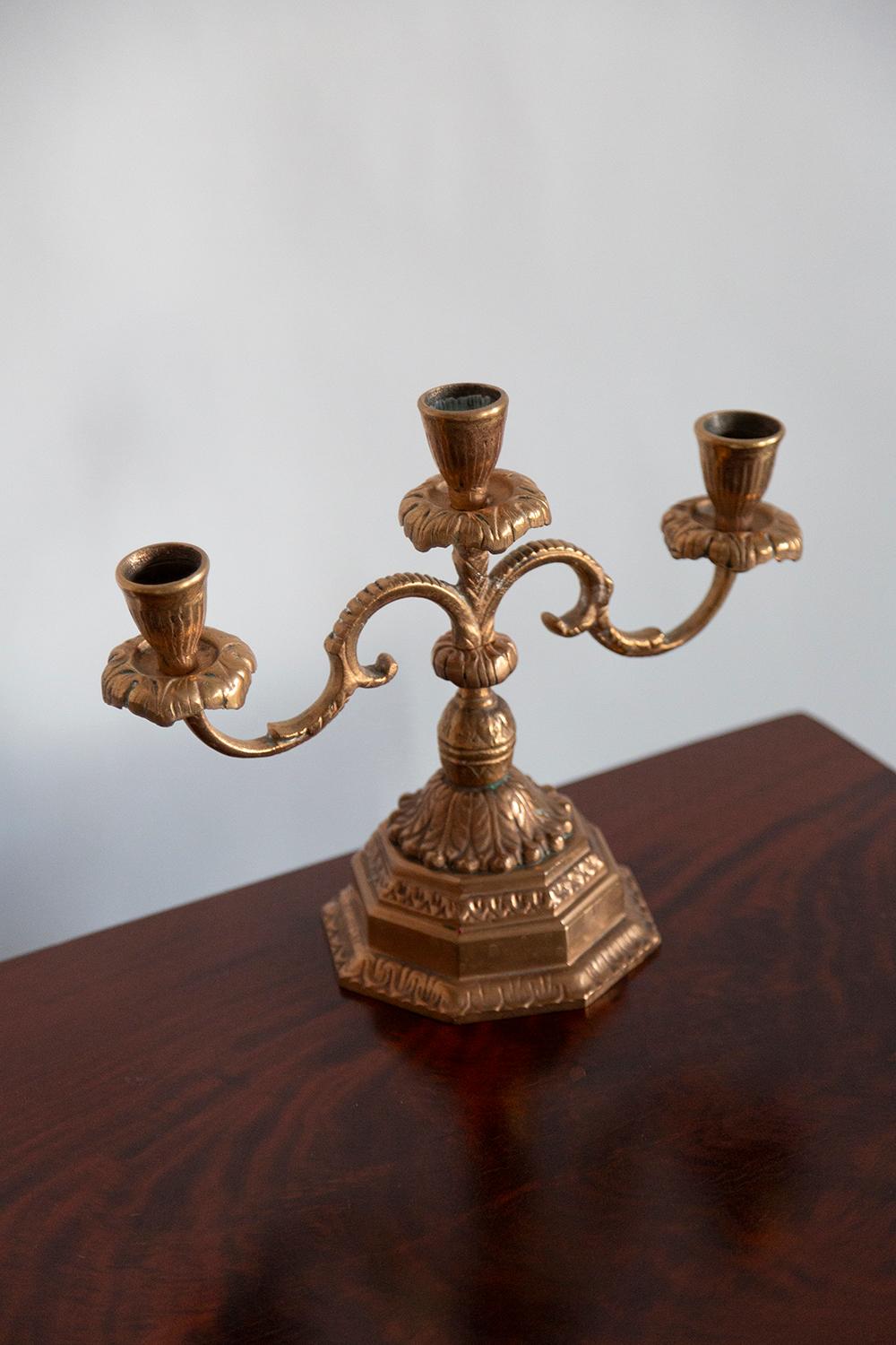 French 20th Century Metal Gold Decorative Candlesticks, Menora, France, 1960s For Sale