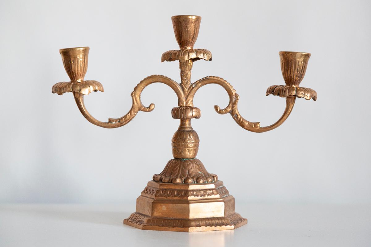 20th Century Metal Gold Decorative Candlesticks, Menora, France, 1960s In Good Condition For Sale In 05-080 Hornowek, PL