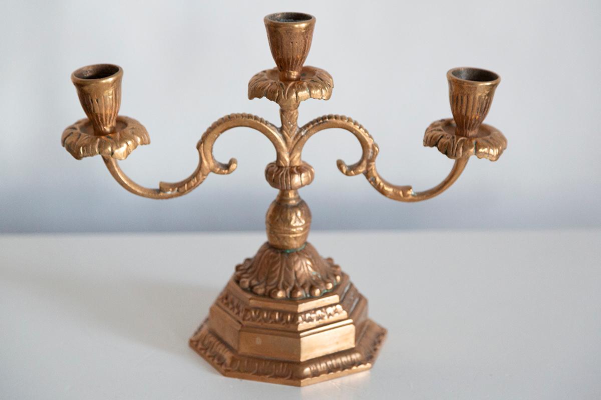20th Century Metal Gold Decorative Candlesticks, Menora, France, 1960s For Sale 1