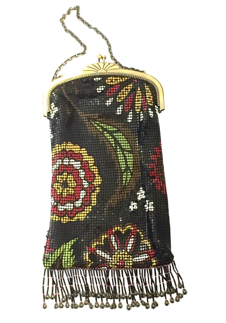 Contemporary & New Art Nouveau Style Whiting & Davis Large Black Metal Mesh Enamel Floral Motif Flapper Evening Bag. Features gold brass hardware detail. This jet black large hand bag is executed with vivid chartreuse, red , yellow, white and brown