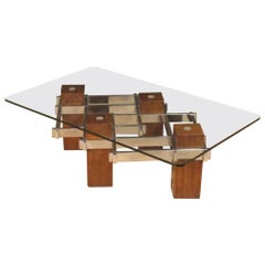 20th Century Metal Wood and Crystal Italian Design Coffee Table, 1970