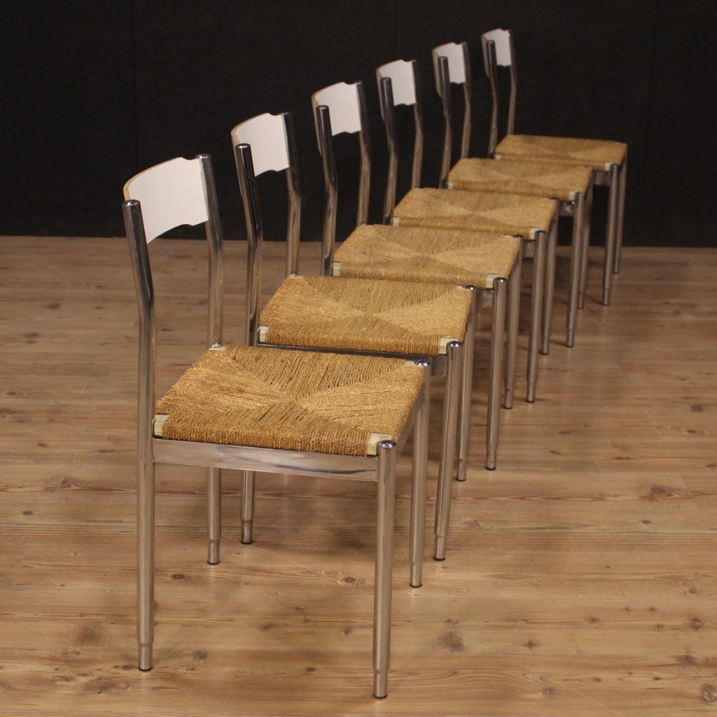 20th Century Metal Wood and Straw Italian Design 6 Chairs, 1970 In Good Condition In Vicoforte, Piedmont