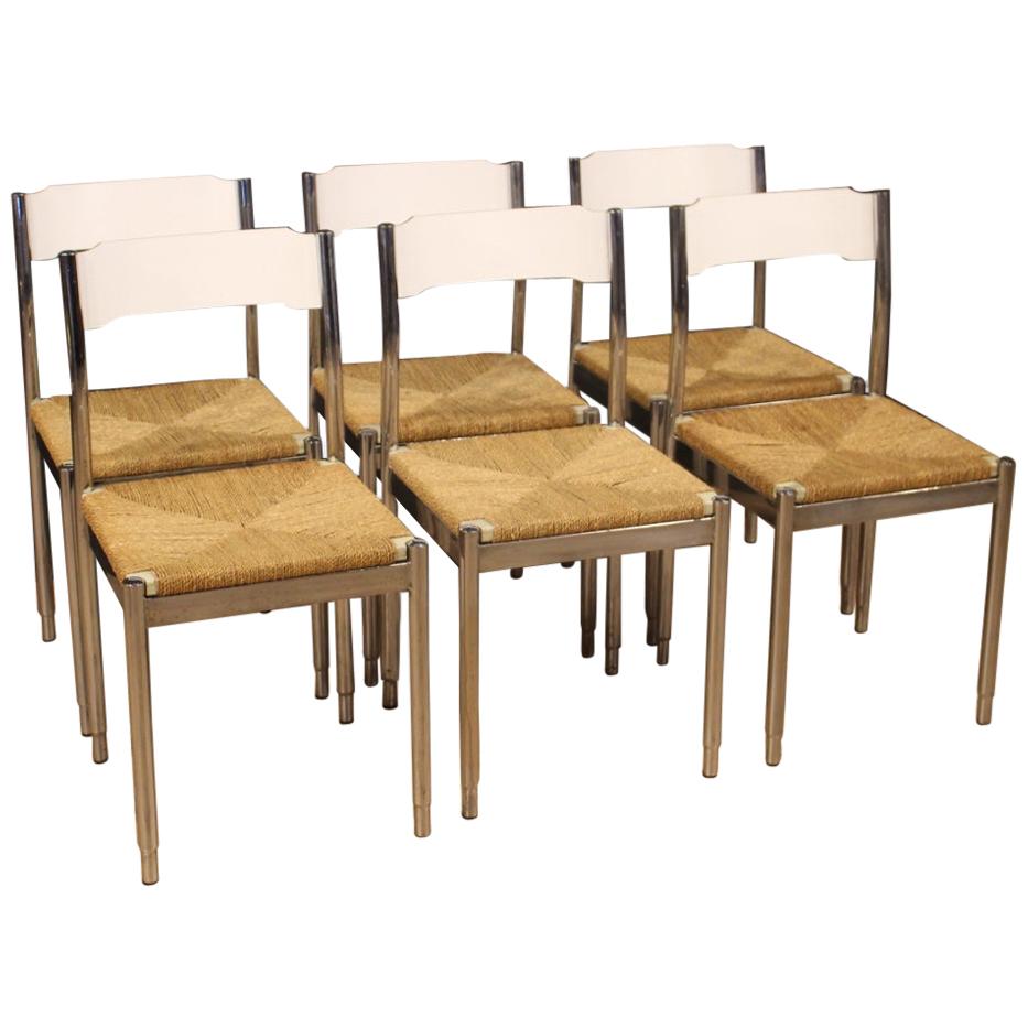 20th Century Metal Wood and Straw Italian Design 6 Chairs, 1970