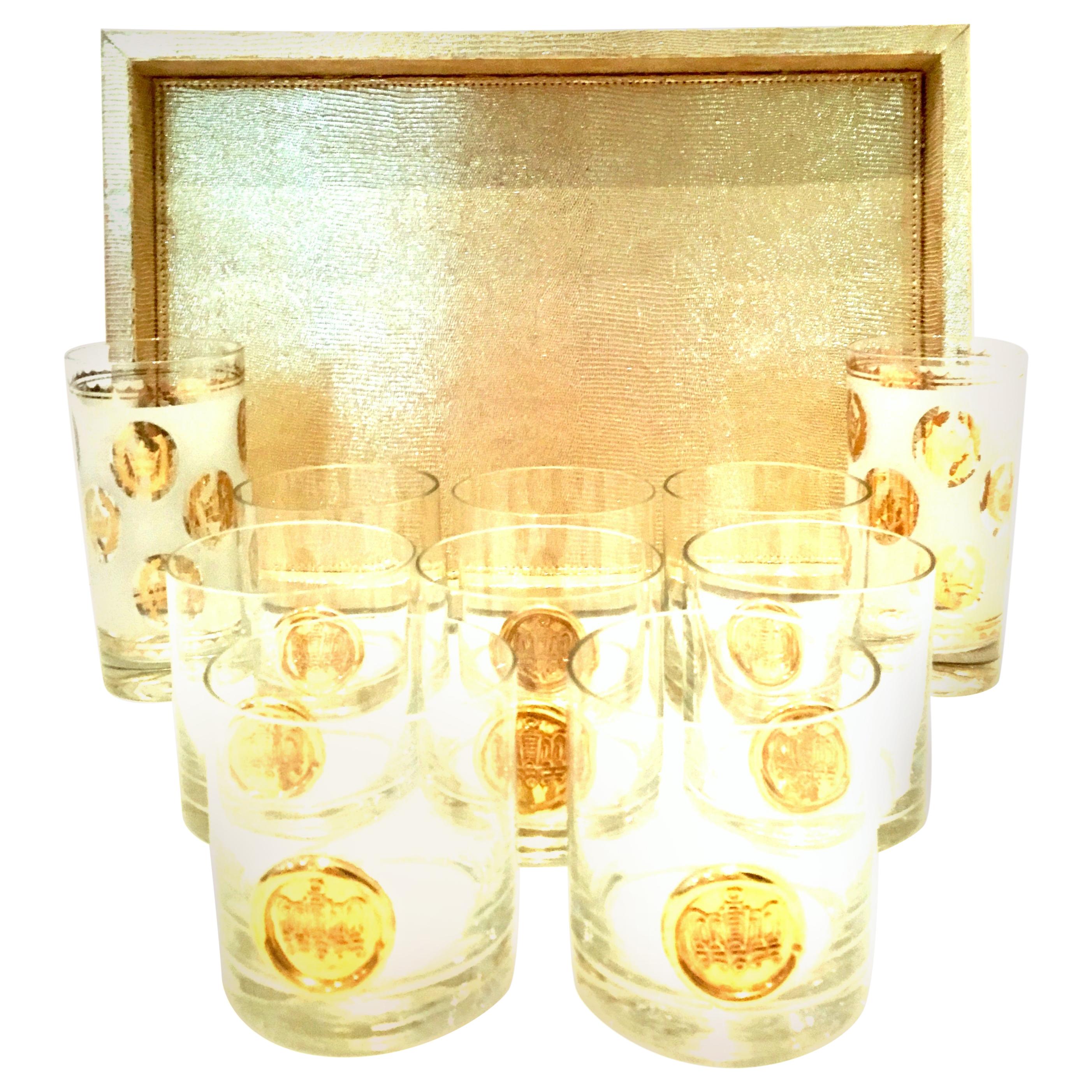 20th Century Metallic Gold Python Tray and 22-Karat Gold Drinks Set of 10 For Sale