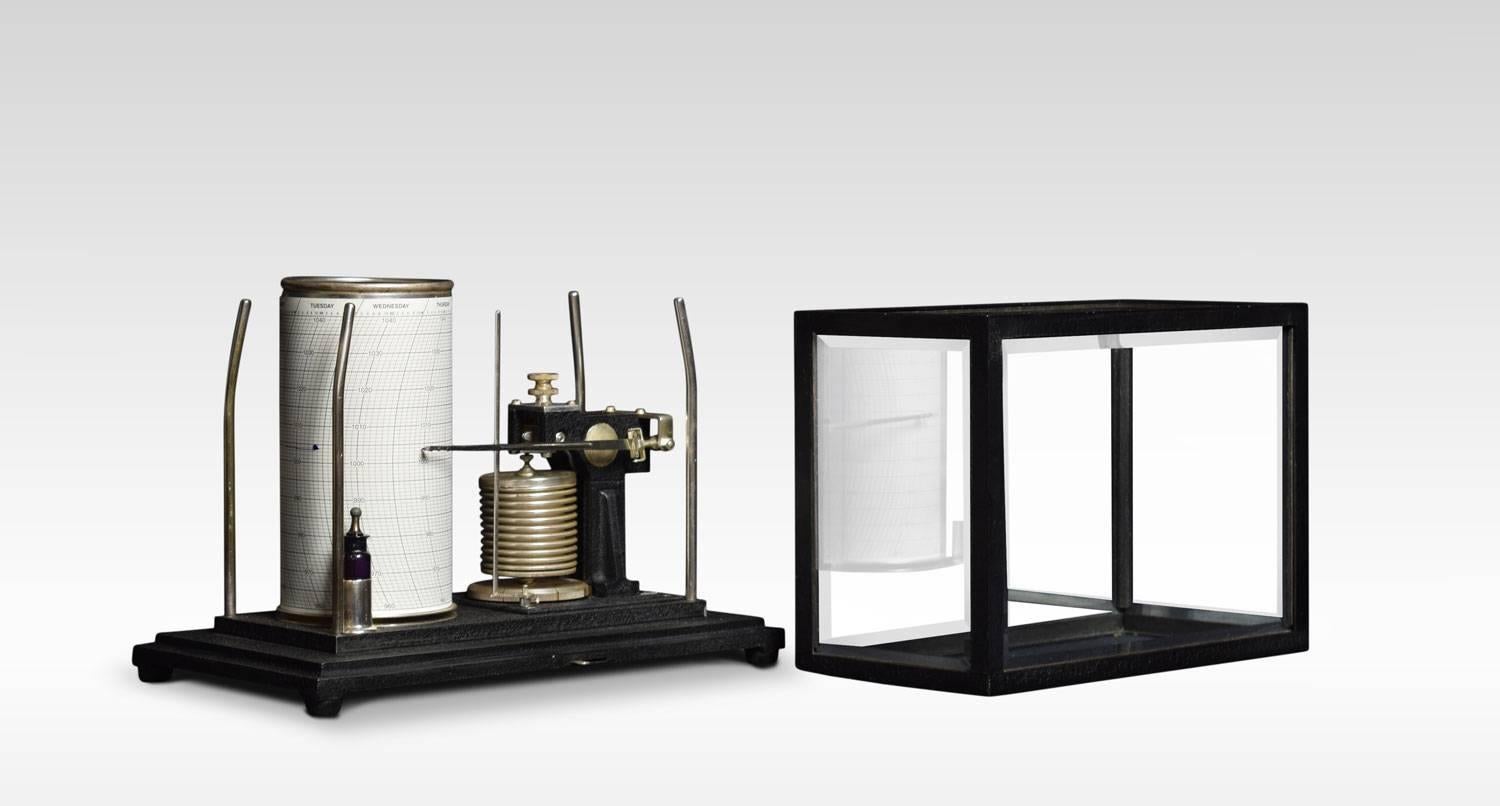 A 20th century Micro barograph by Short & Mason, London, The black crackle case with five bevelled glass panels. To the tall 7 inch drum atmosphere connected to a gilt-brass movement, signed to base as per title and numbered ‘2158’, mounted on base