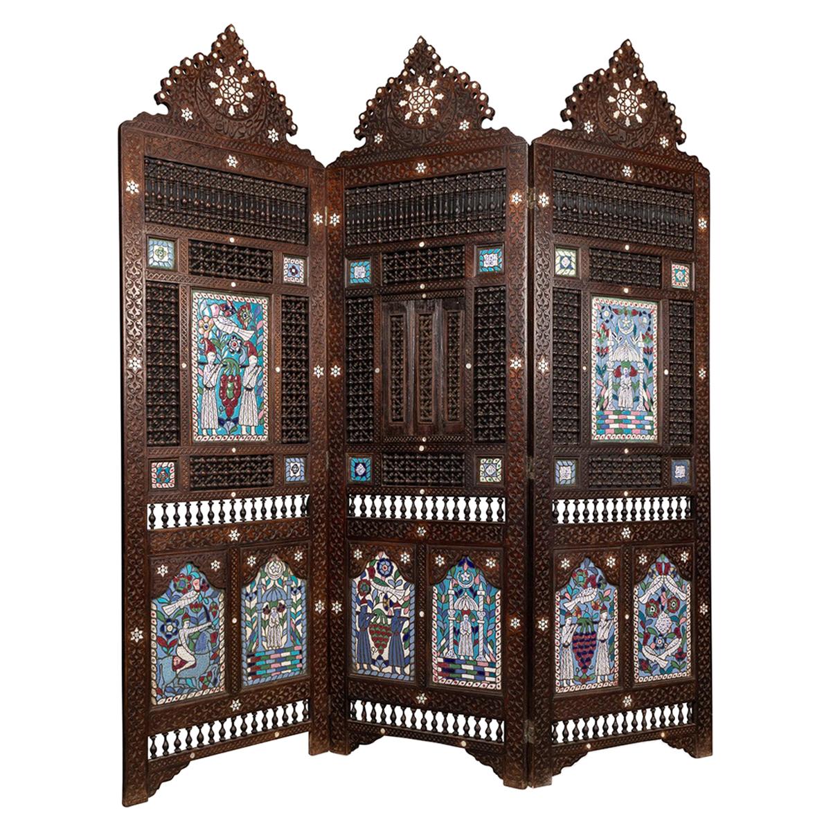 20th Century Middle-Eastern Folding Screen with Enamel Panels