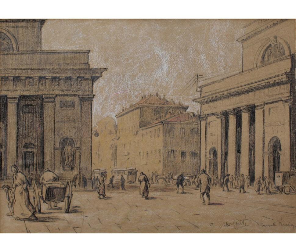 Aldo Conti (Milan, 1890 - there, 1988). Porta Venezia

Charcoal, pastel and white lead drawing on cardboard, 29 x 38 cm

Signed and titled lower right.