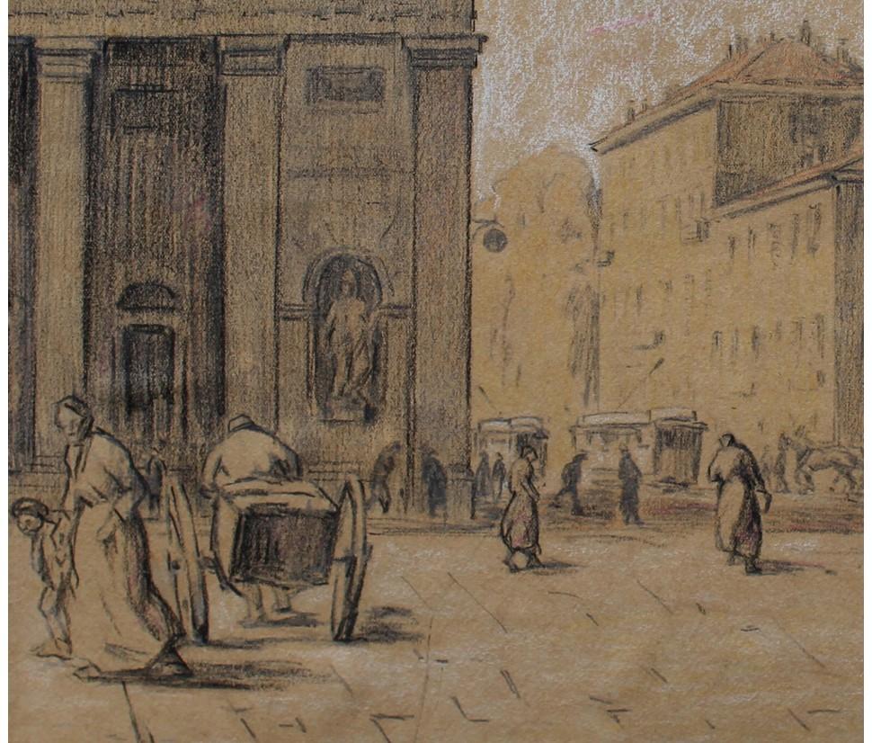 Italian 20th Century Milan View Porta Venezia Charcoal Pastel and White Lead Cardboard For Sale