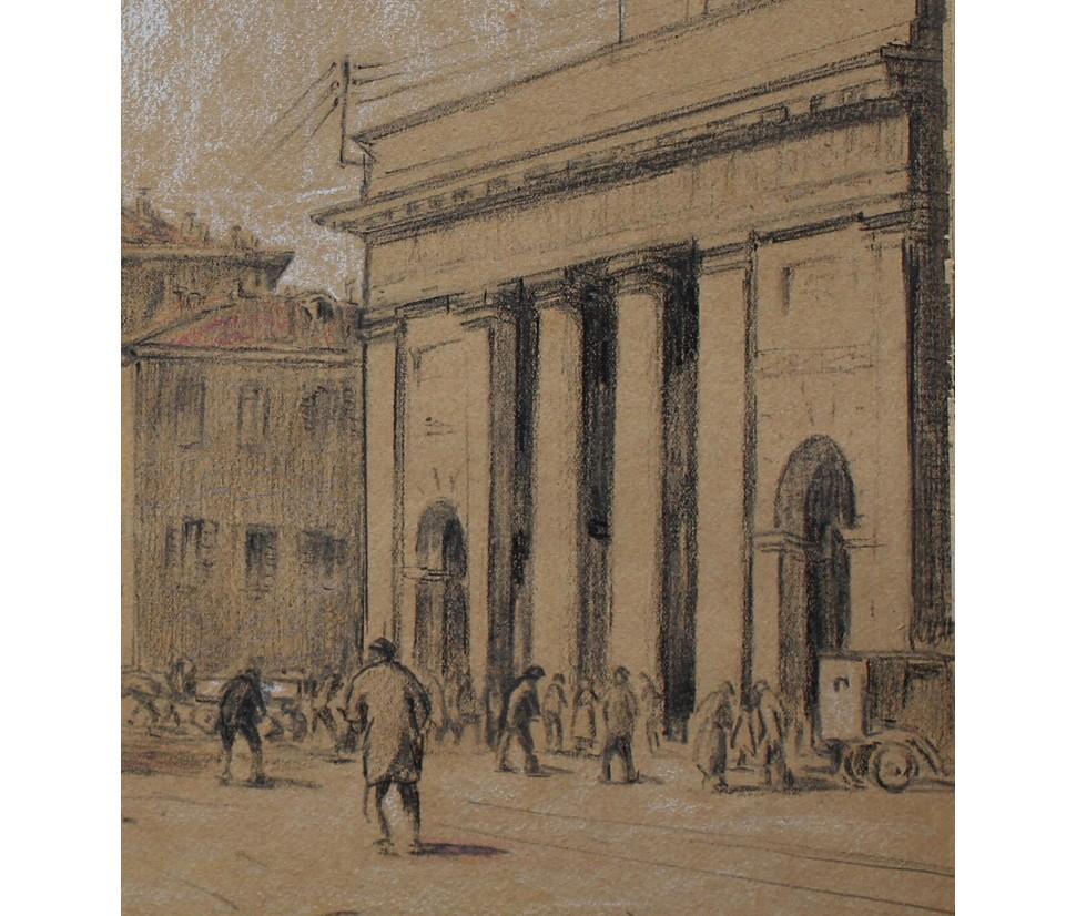 Paper 20th Century Milan View Porta Venezia Charcoal Pastel and White Lead Cardboard For Sale