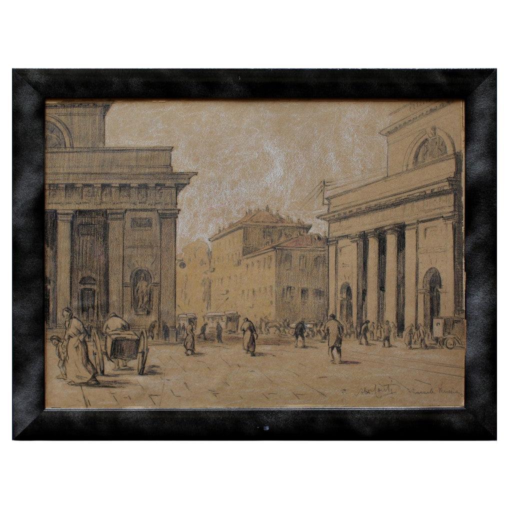 20th Century Milan View Porta Venezia Charcoal Pastel and White Lead Cardboard For Sale