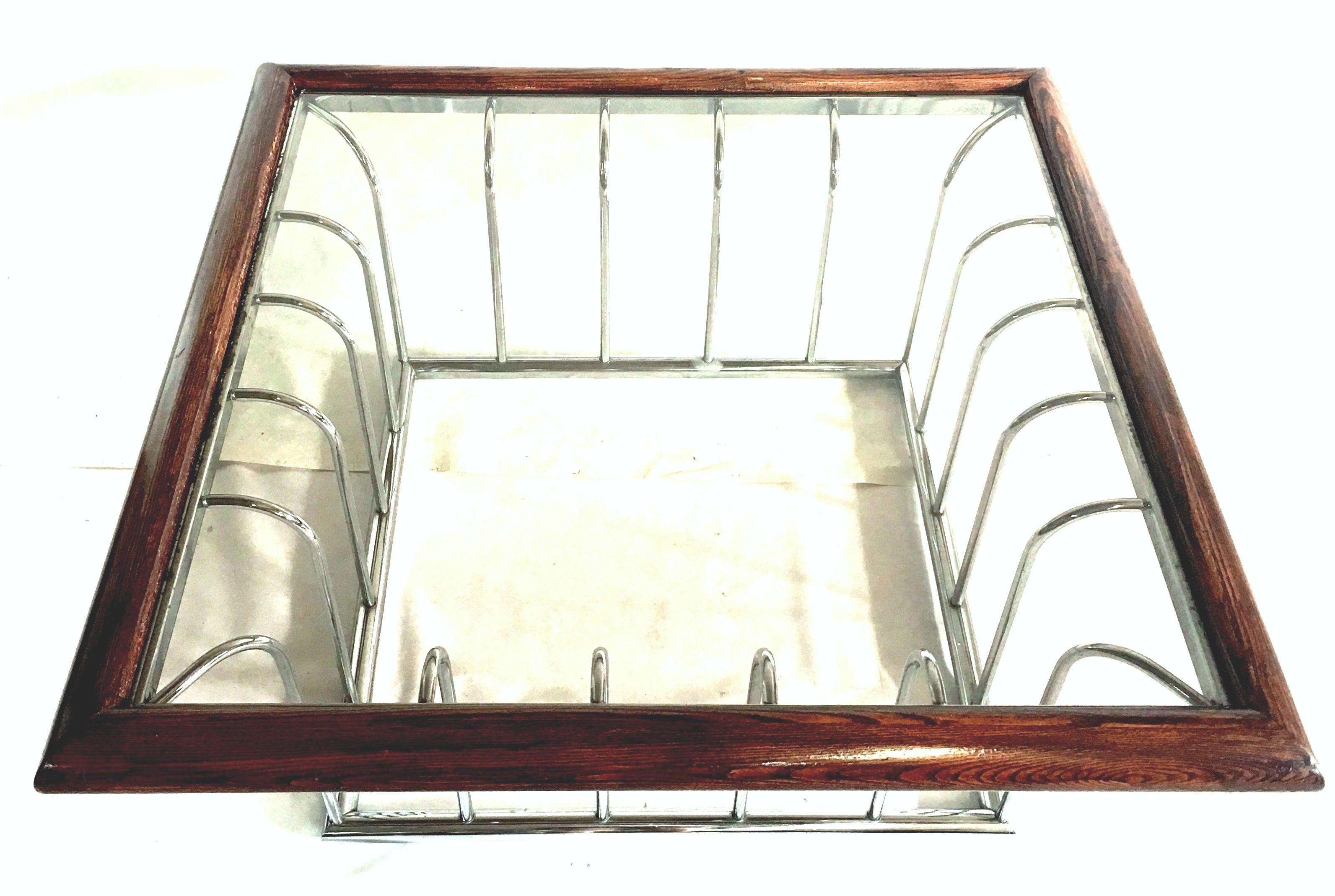 Mid-Century Modern 20th Century Milo Baughman Style Wood and Chrome Smoked Glass Top Coffee Table For Sale