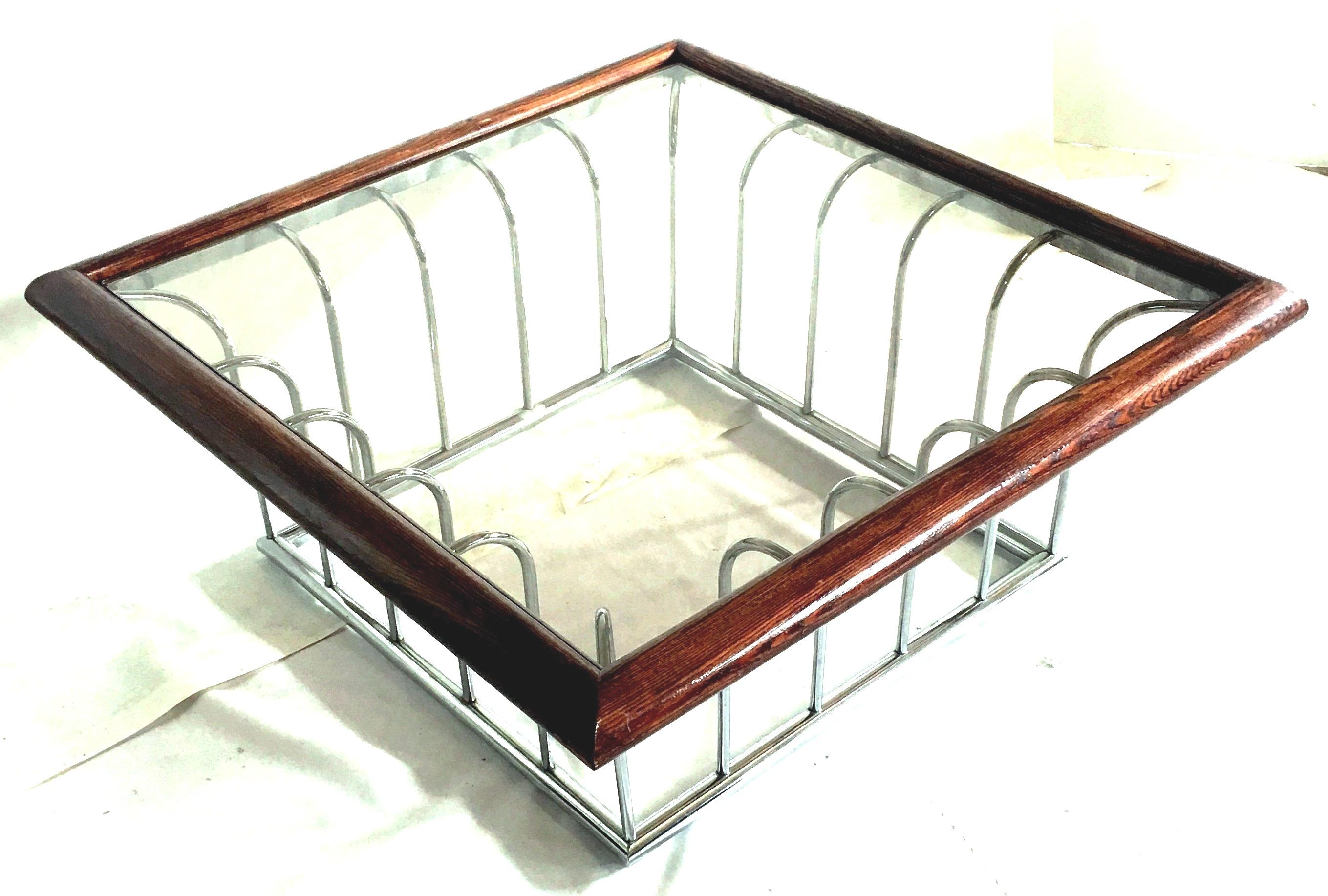 American 20th Century Milo Baughman Style Wood and Chrome Smoked Glass Top Coffee Table For Sale