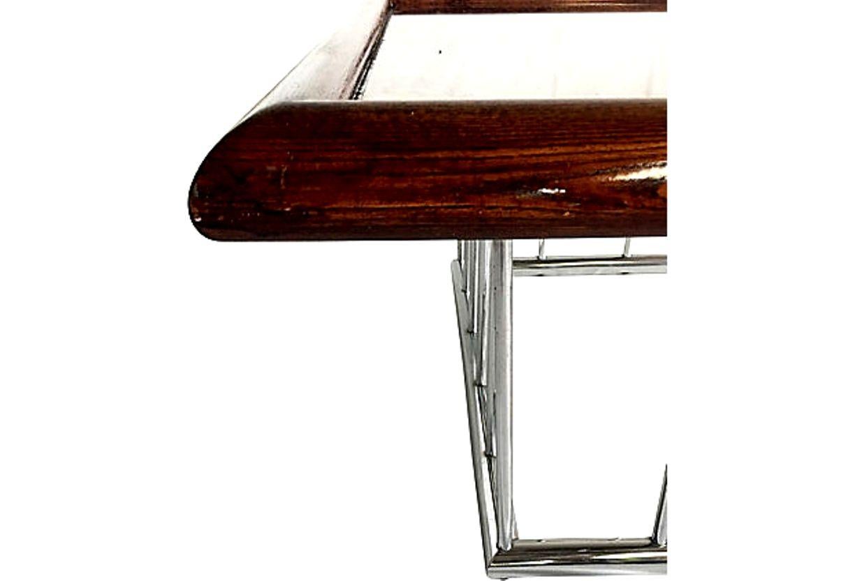 20th Century Milo Baughman Style Wood and Chrome Smoked Glass Top Coffee Table For Sale 4