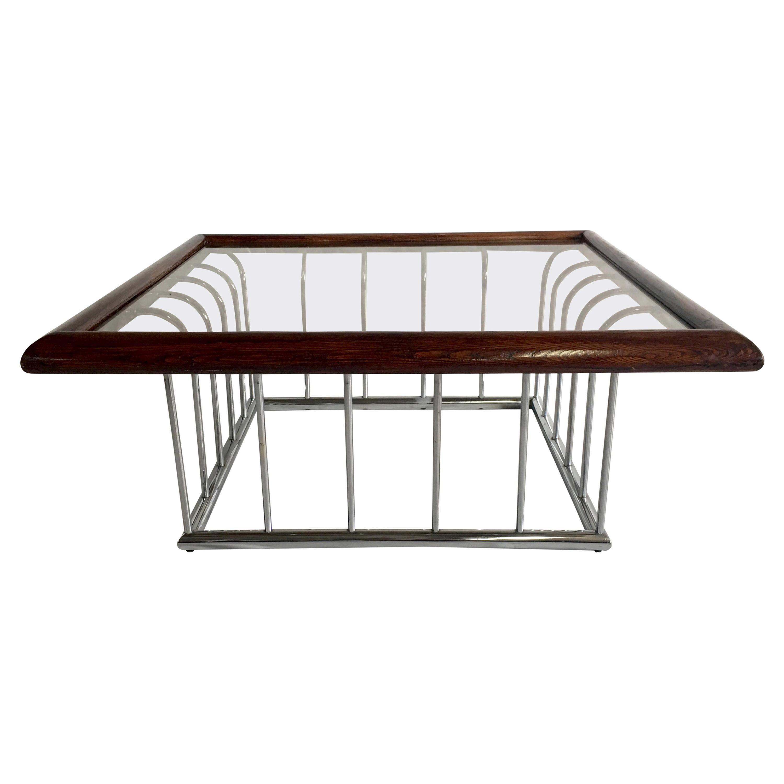 20th Century Milo Baughman Style Wood and Chrome Smoked Glass Top Coffee Table For Sale