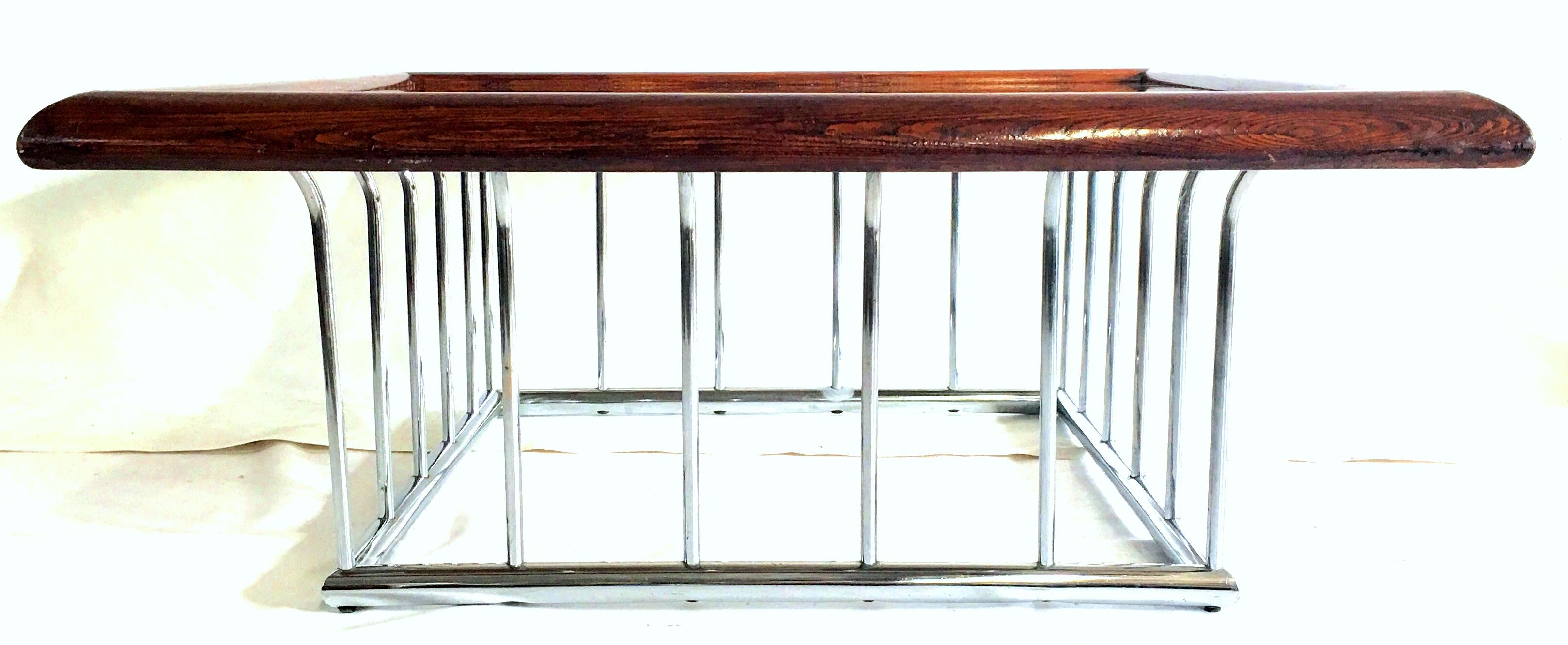 Mid-Century Modern 20th Century Milo Baughman Style Wood and Chrome Smoked Glass Top Cocktail Table For Sale