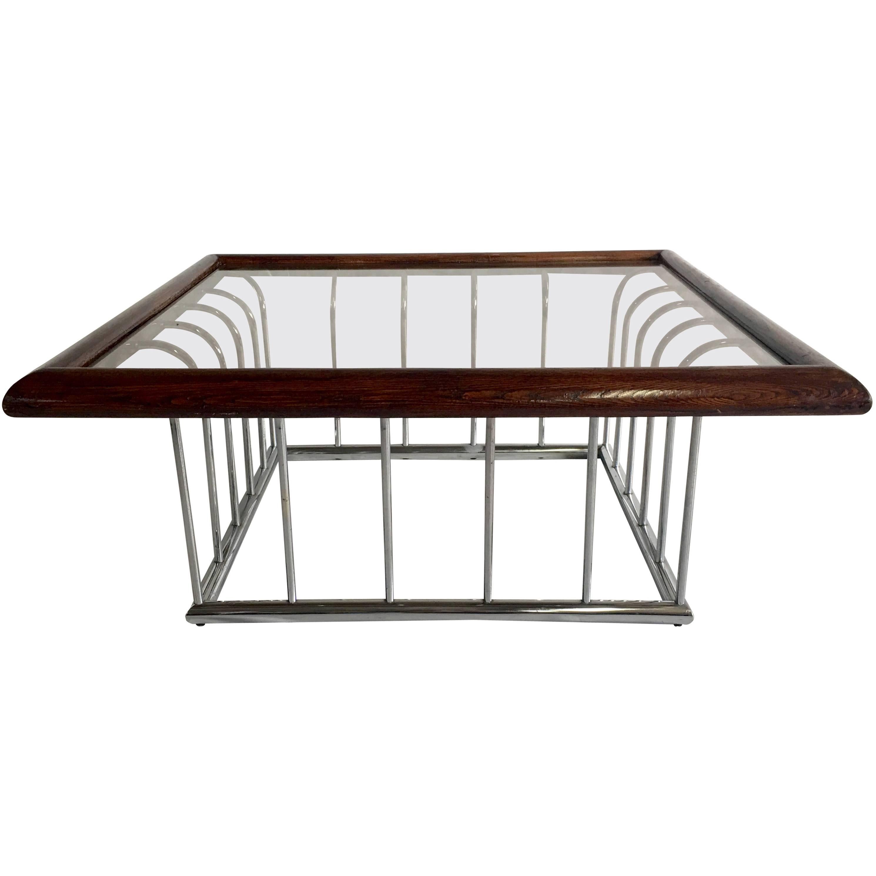 American 20th Century Milo Baughman Style Wood and Chrome Smoked Glass Top Cocktail Table For Sale