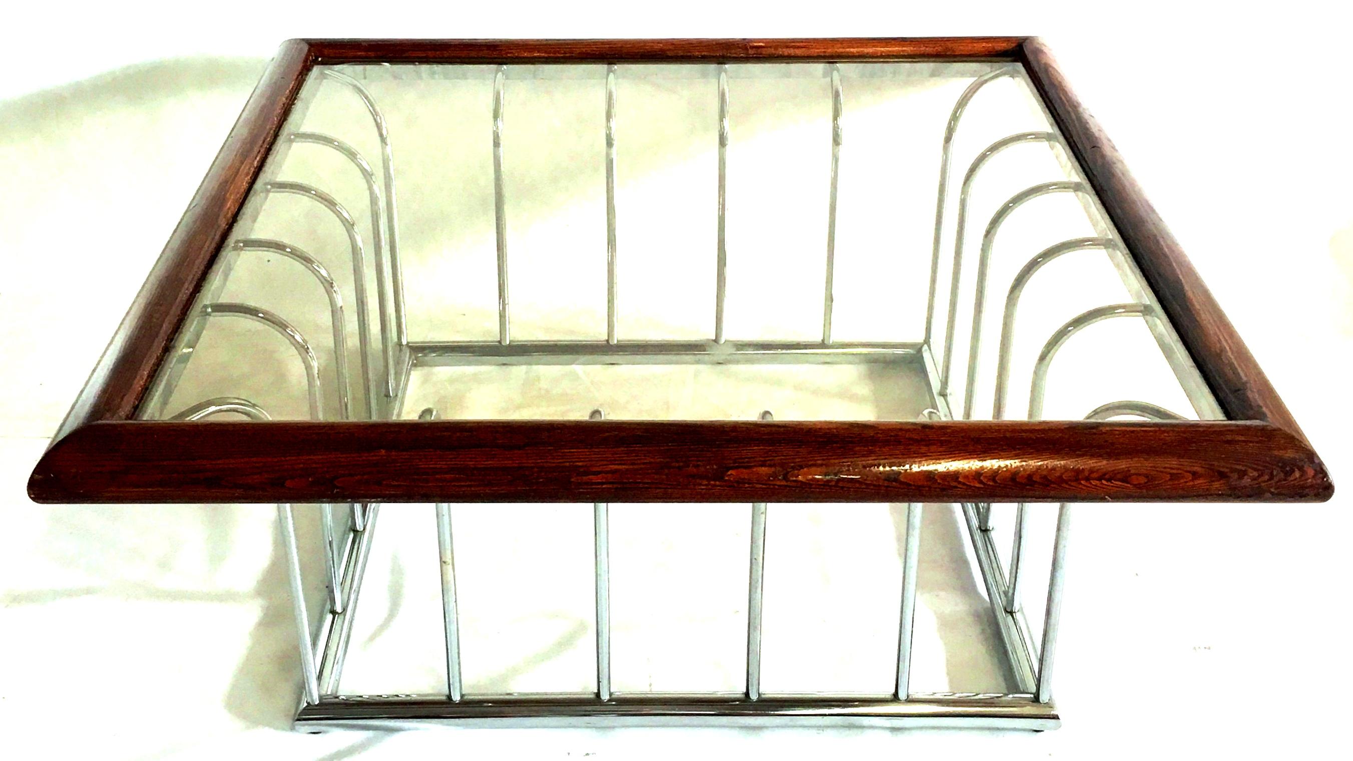 20th Century Milo Baughman Style Wood and Chrome Smoked Glass Top Cocktail Table In Good Condition For Sale In West Palm Beach, FL