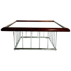 20th Century Milo Baughman Style Wood and Chrome Smoked Glass Top Cocktail Table