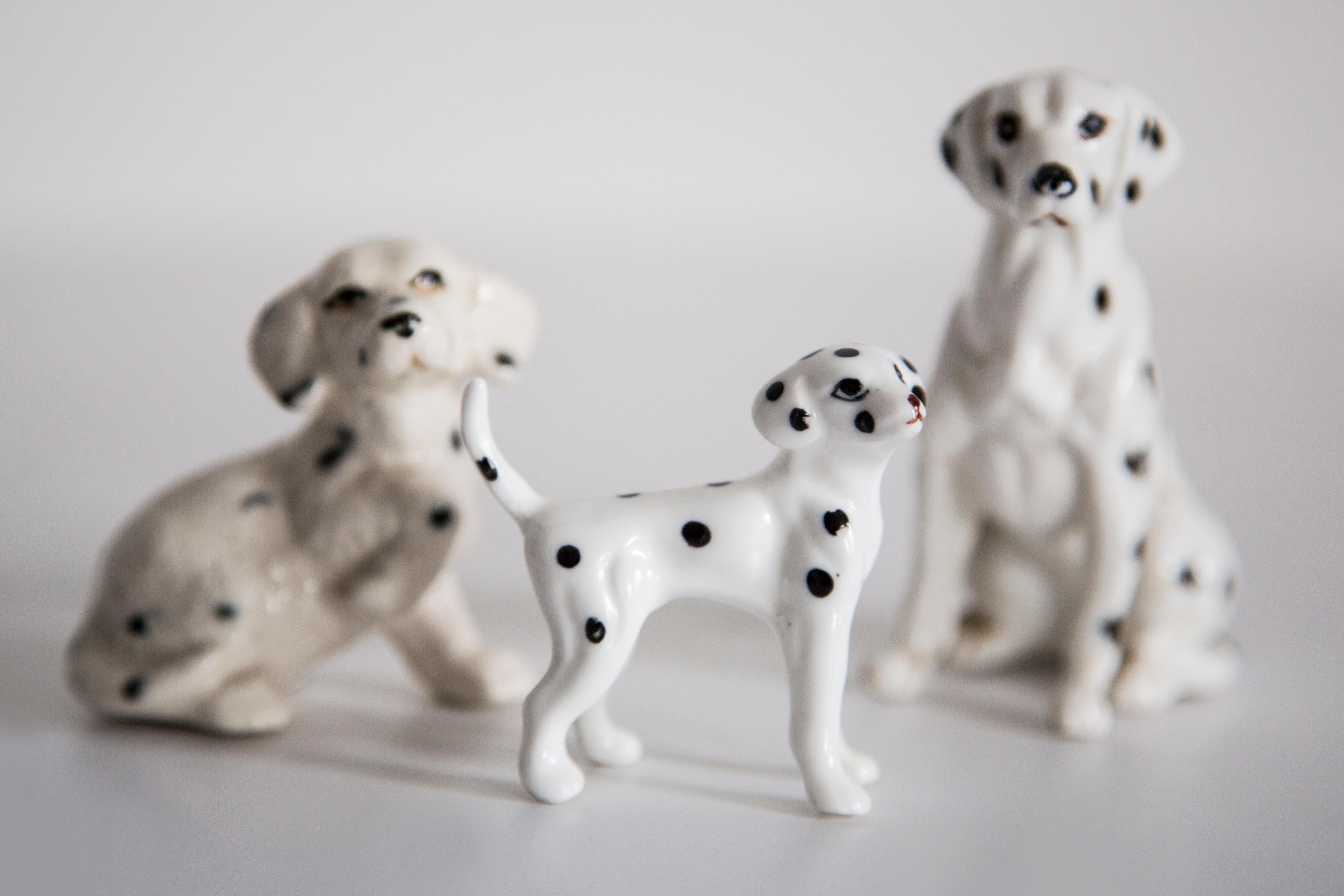Painted ceramic, very good original vintage condition. No damages or cracks. Beautiful and unique decorative mini sculpture. Mini White Dalmatian Dog Sculpture was produced in Italy. Only one dog available.