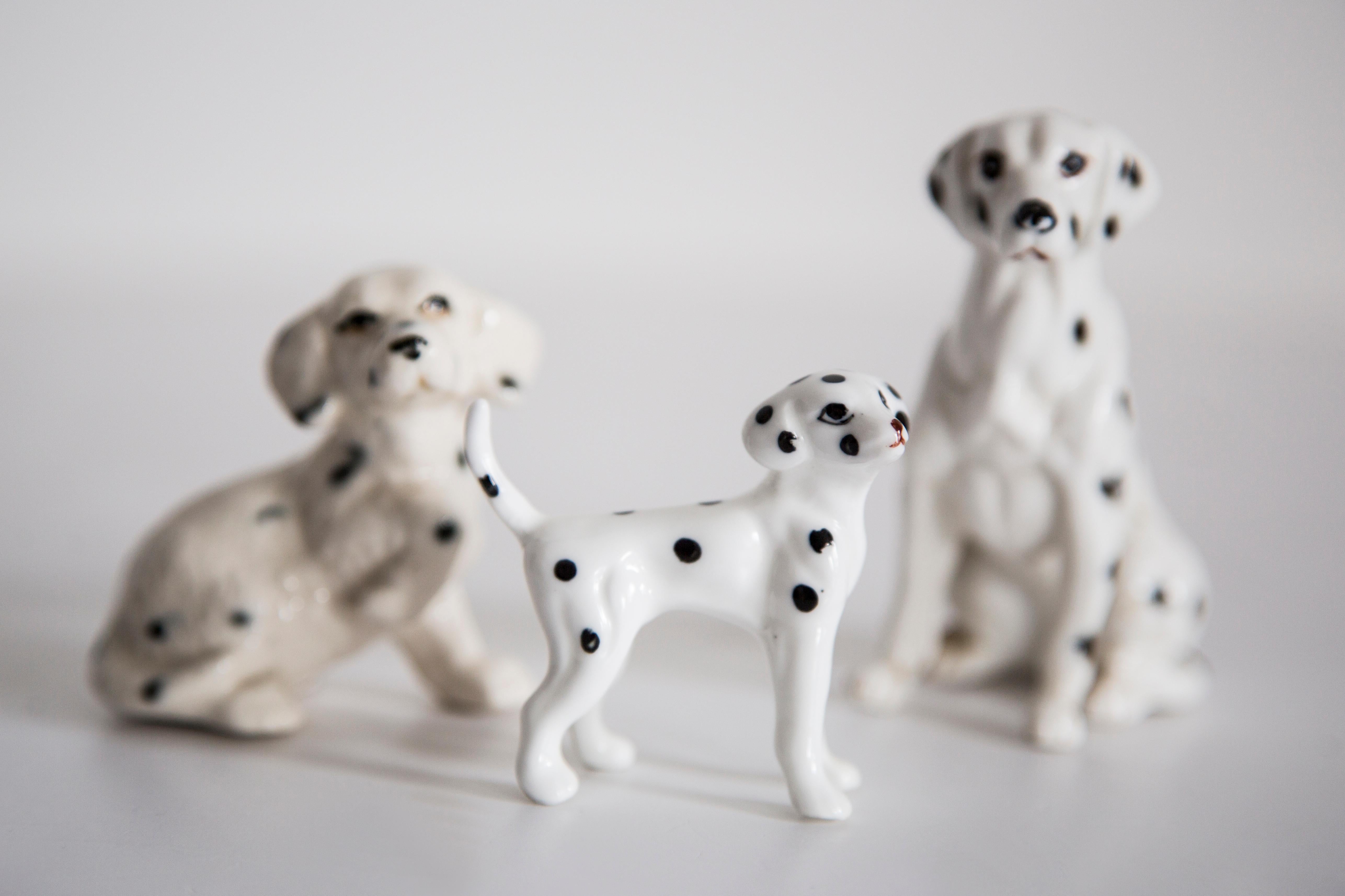 Painted ceramic, very good original vintage condition. No damages or cracks. Beautiful and unique decorative mini sculpture. Mini White Dalmatian Dog Sculpture was produced in Italy. Only one dog available.