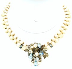20th Century Miriam Haskell Style Silver, Faux Pearl Bead & Crystal Necklace.