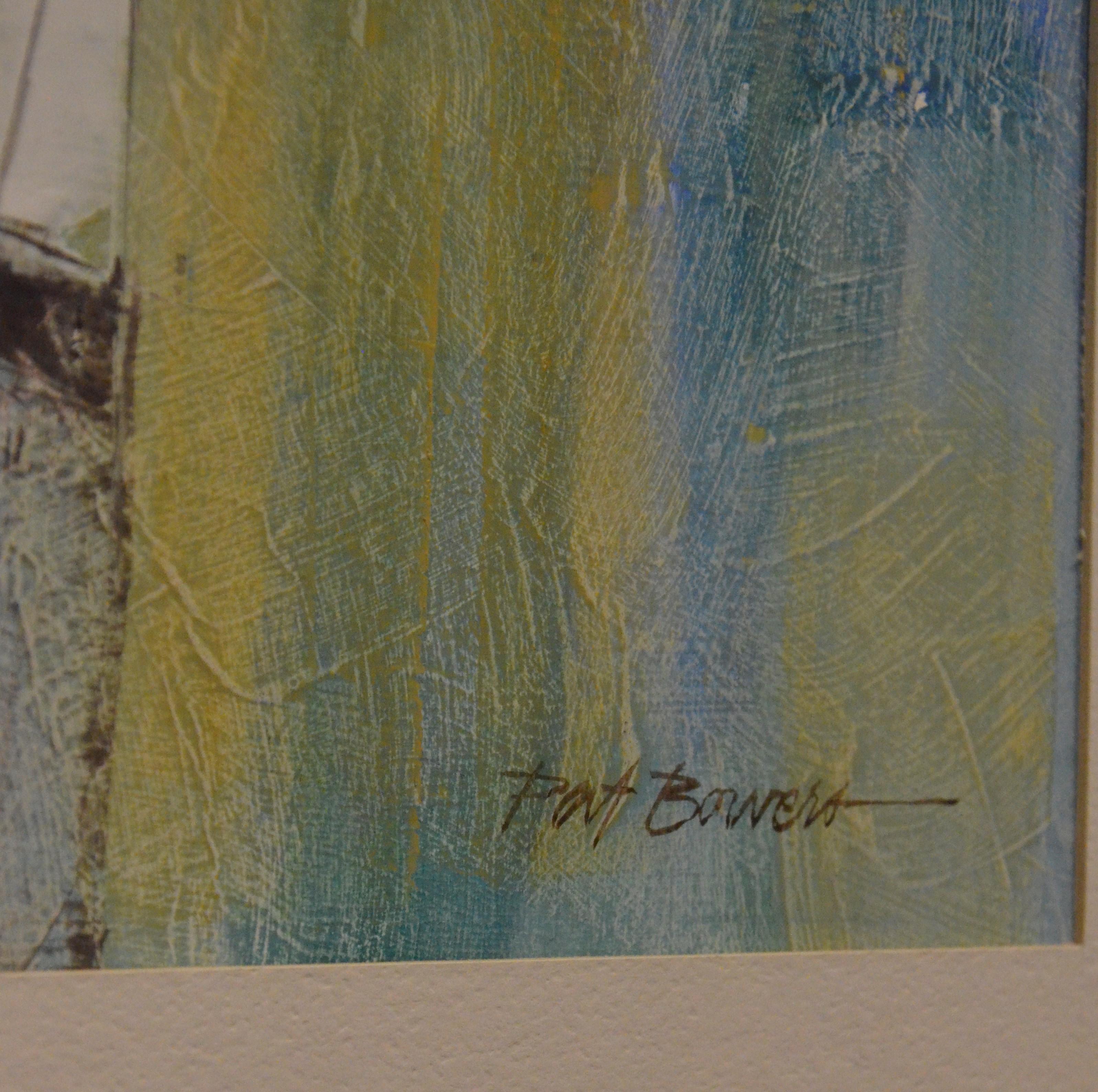 Pat Bowers Seascape Blue, Green & Yellow Mixed-Media Abstract Painting on Paper For Sale 7