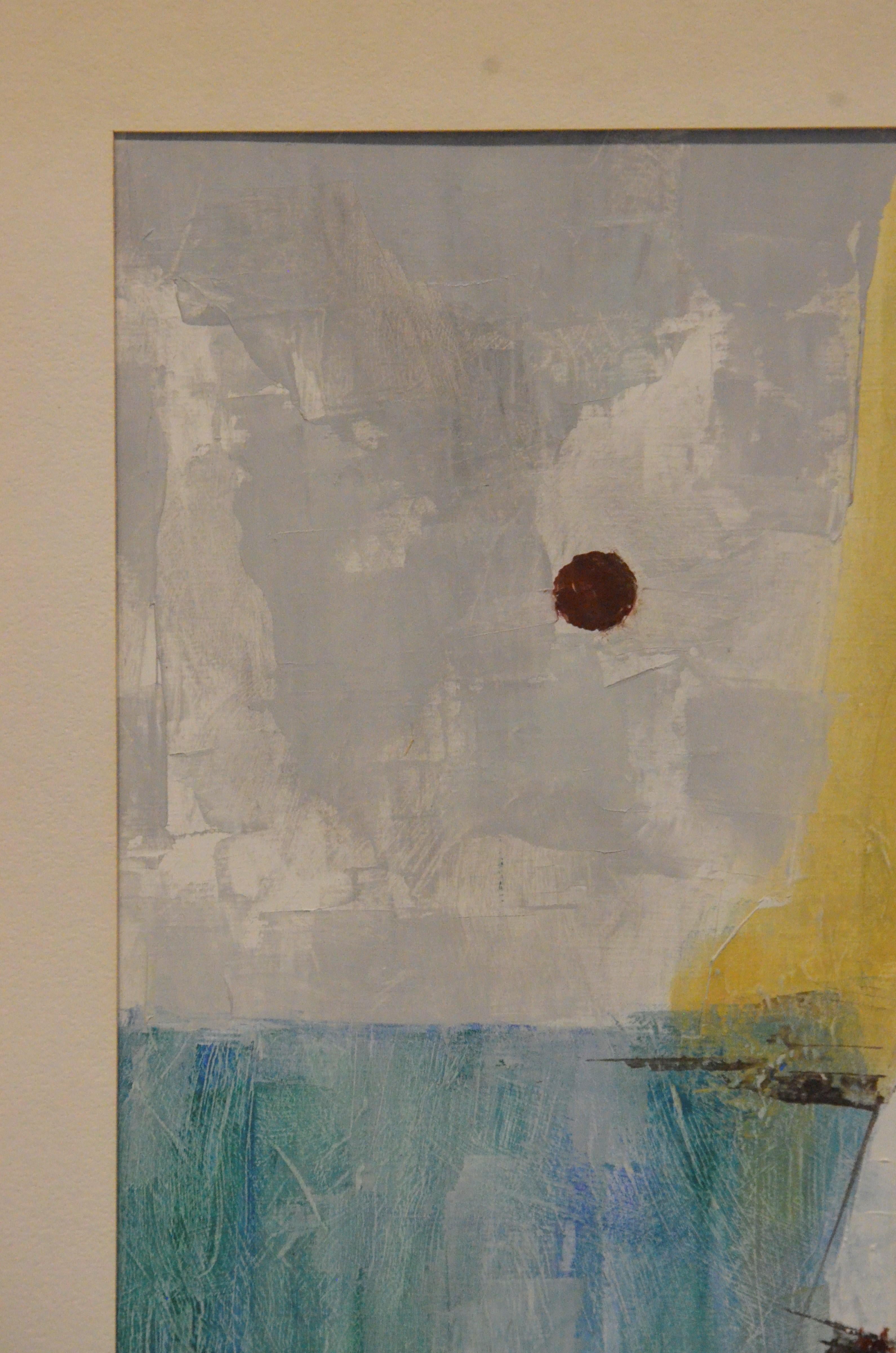 Offered is a signed 20th century mixed-media painting on paper of a seascape by Pat Bowers (born 1937) in greens, blues, yellows and black. The piece is more or less an abstract depiction of a seascape, moon or sun and a sail boat. Bowers has used
