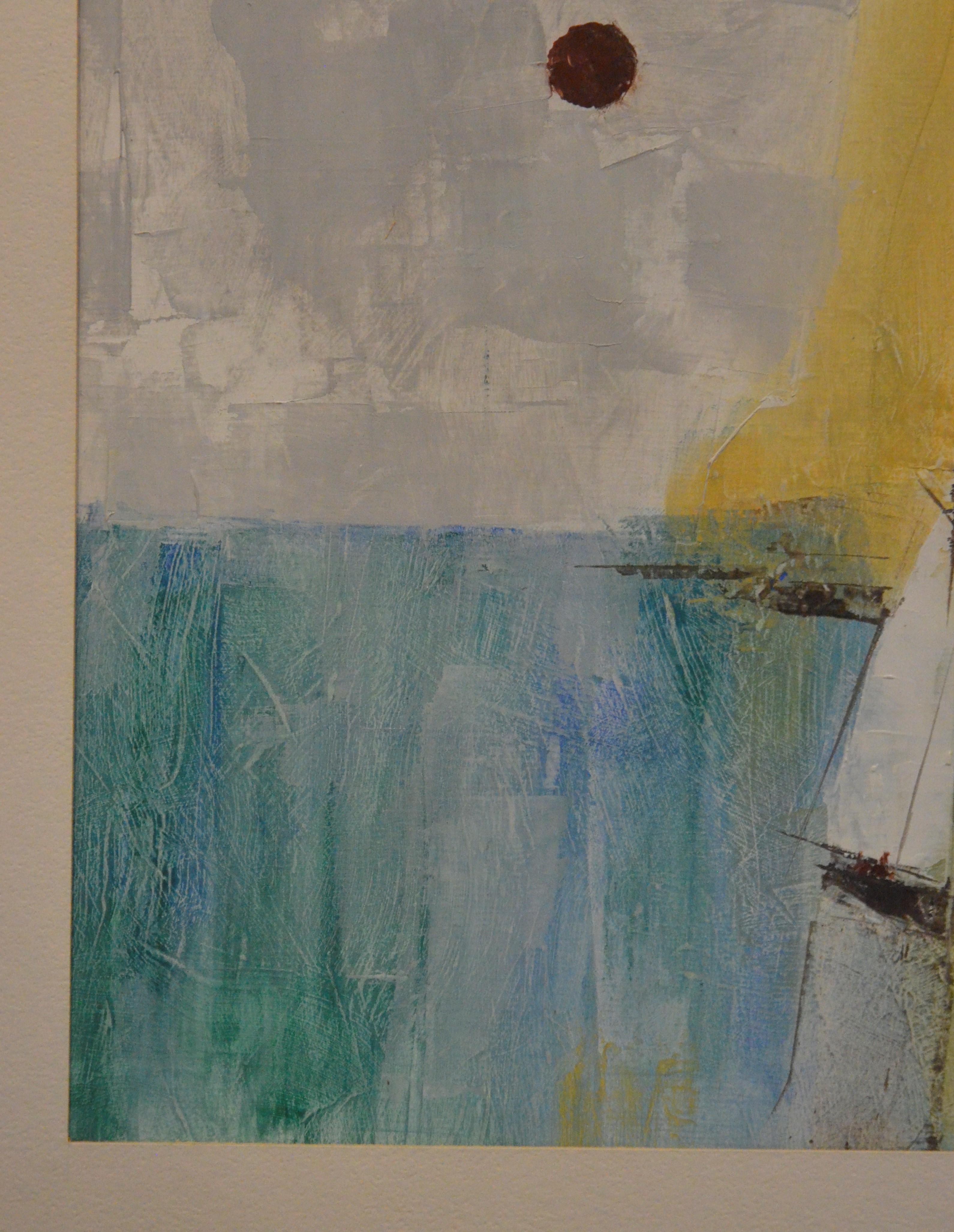 American Pat Bowers Seascape Blue, Green & Yellow Mixed-Media Abstract Painting on Paper For Sale