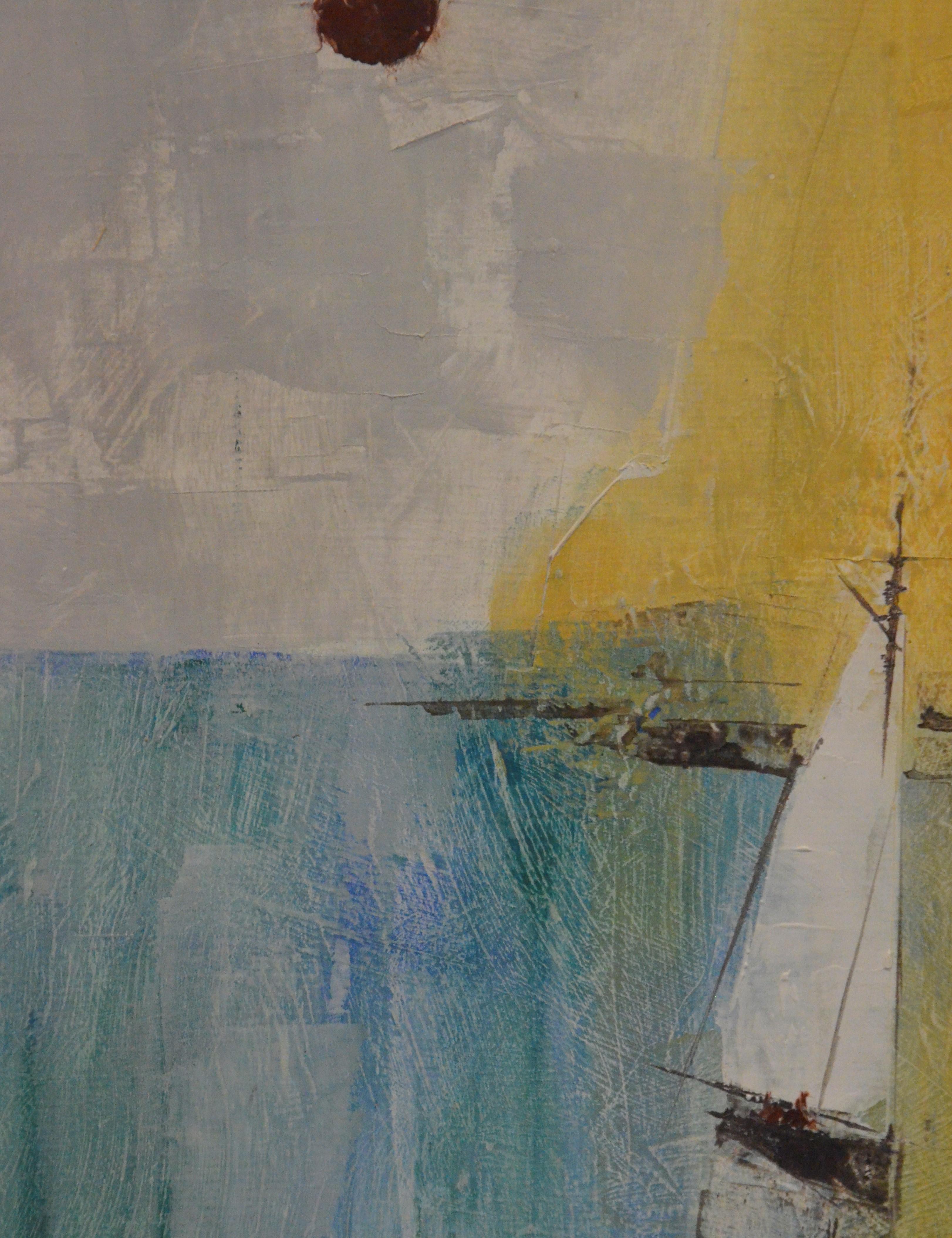 Pat Bowers Seascape Blue, Green & Yellow Mixed-Media Abstract Painting on Paper In Good Condition For Sale In Houston, TX