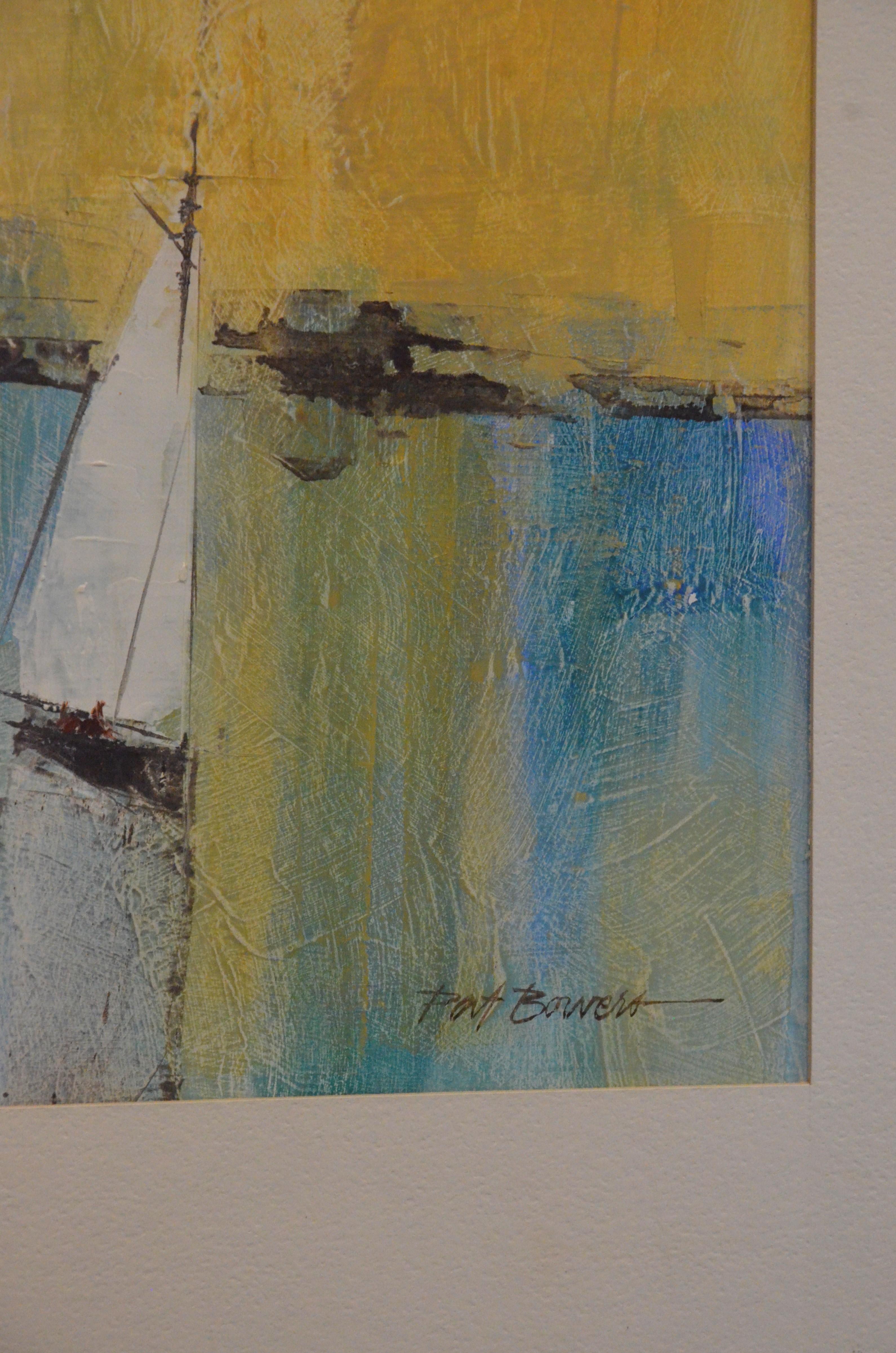20th Century Pat Bowers Seascape Blue, Green & Yellow Mixed-Media Abstract Painting on Paper For Sale