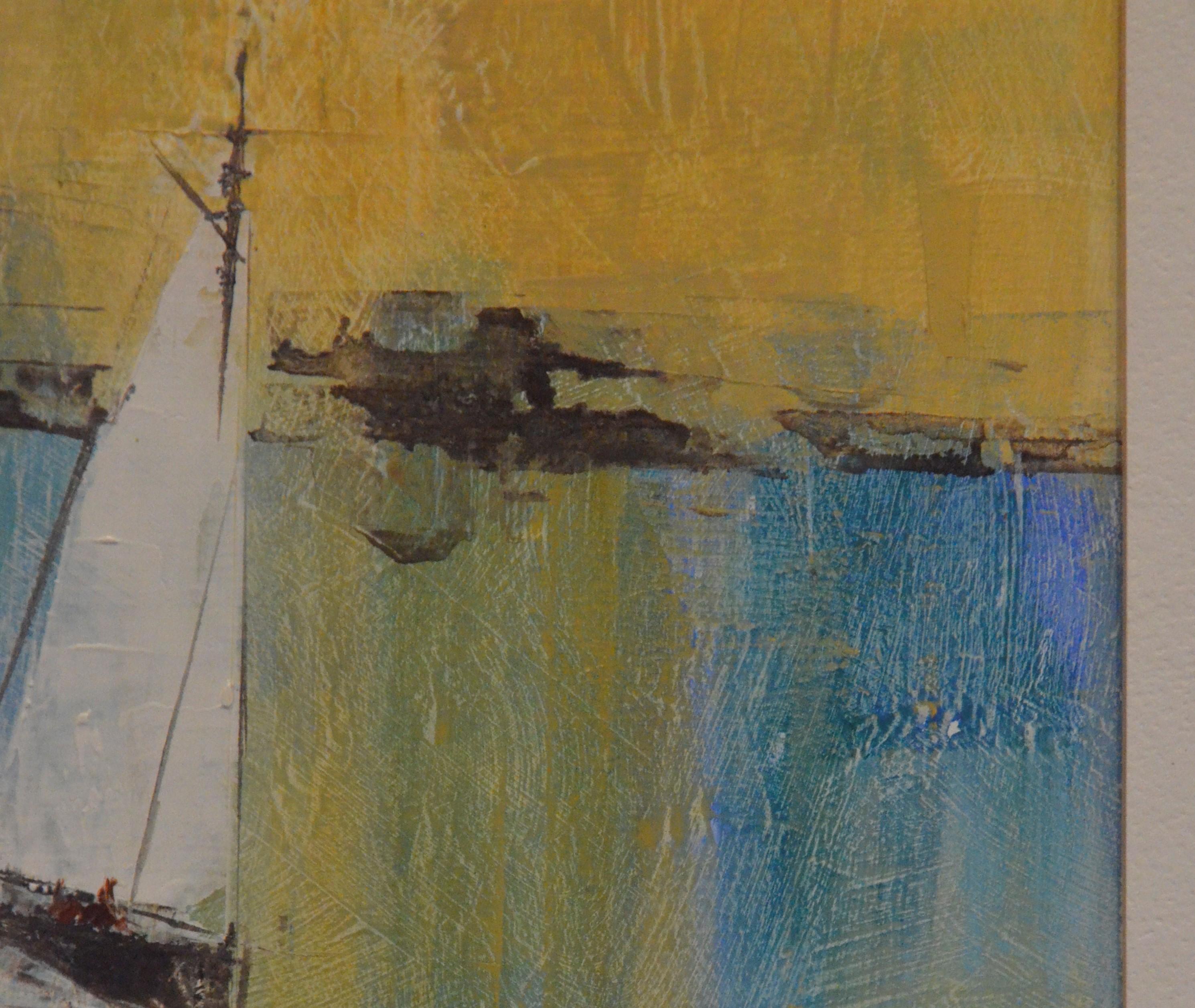 Metal Pat Bowers Seascape Blue, Green & Yellow Mixed-Media Abstract Painting on Paper For Sale