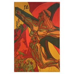 20th Century Mixed Media Canvas Italian Signed Surrealist Crucifixion Painting