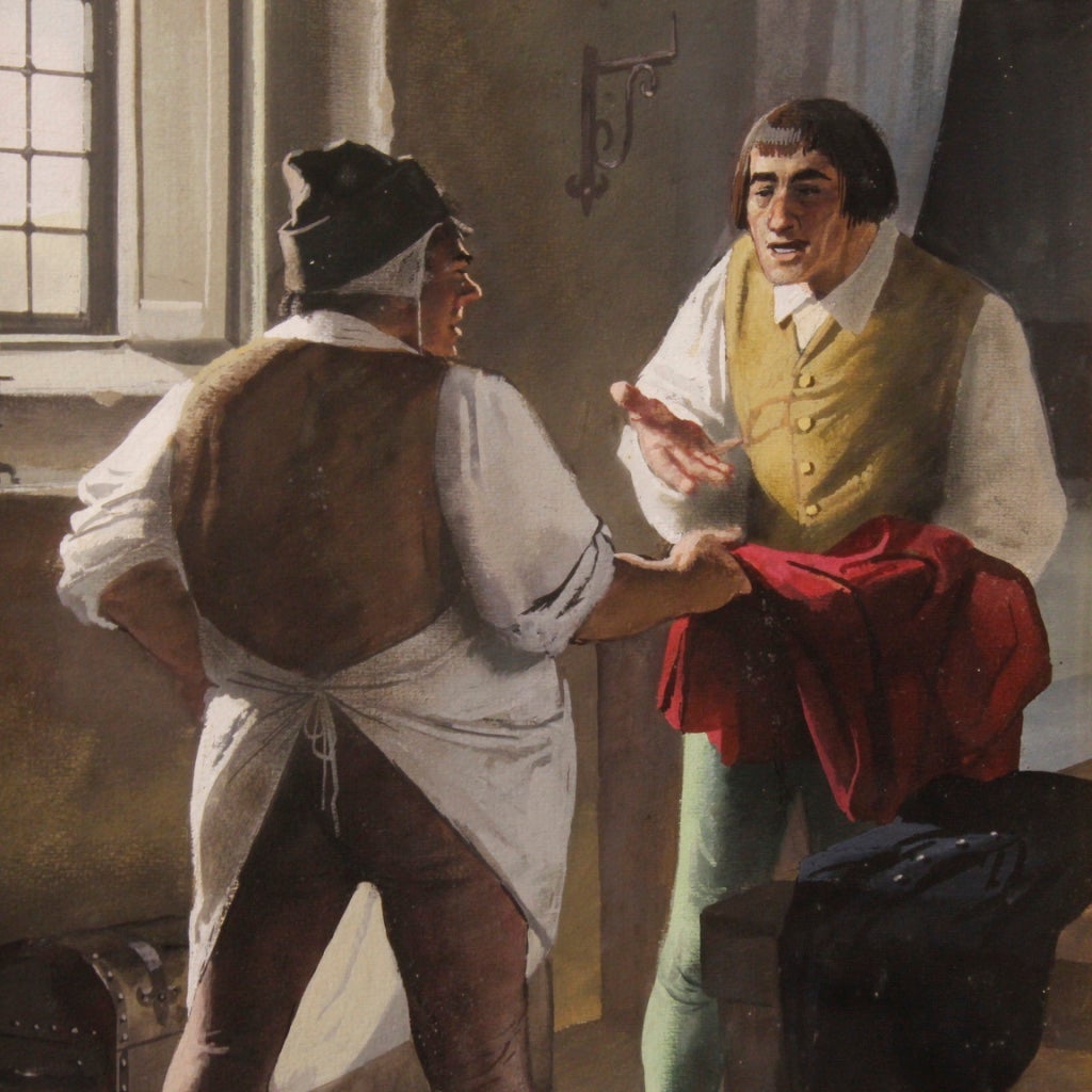 Peinture italienne du 20ème siècle - Technique mixte - Scène d'intérieur avec personnages, 1970