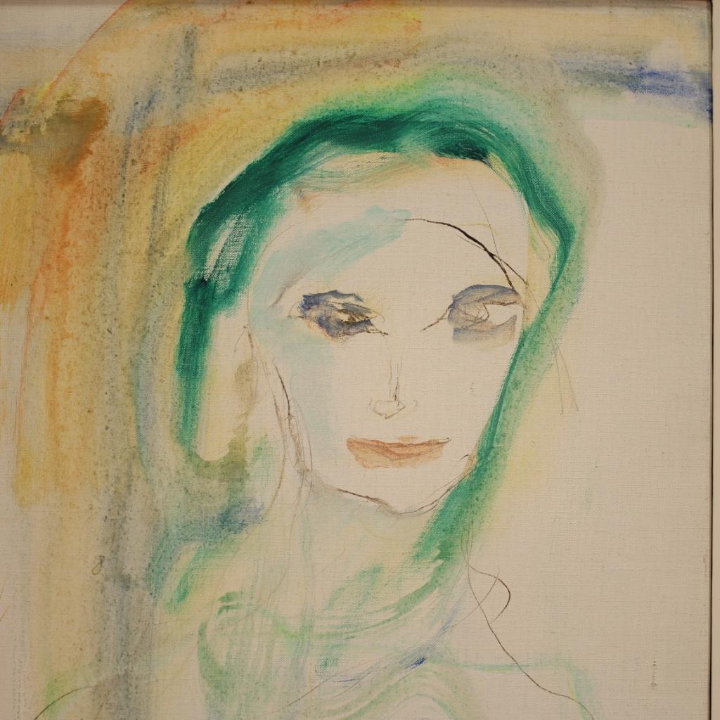 Italienische Malerei aus der zweiten Hälfte des 20. Jahrhunderts. Kunstwerk in Mischtechnik auf Leinwand, das ein weibliches Porträt darstellt, das auf einem weißen Hintergrund von angenehmer Wirkung gemalt ist. Holzrahmen ausgestattet mit Stoff