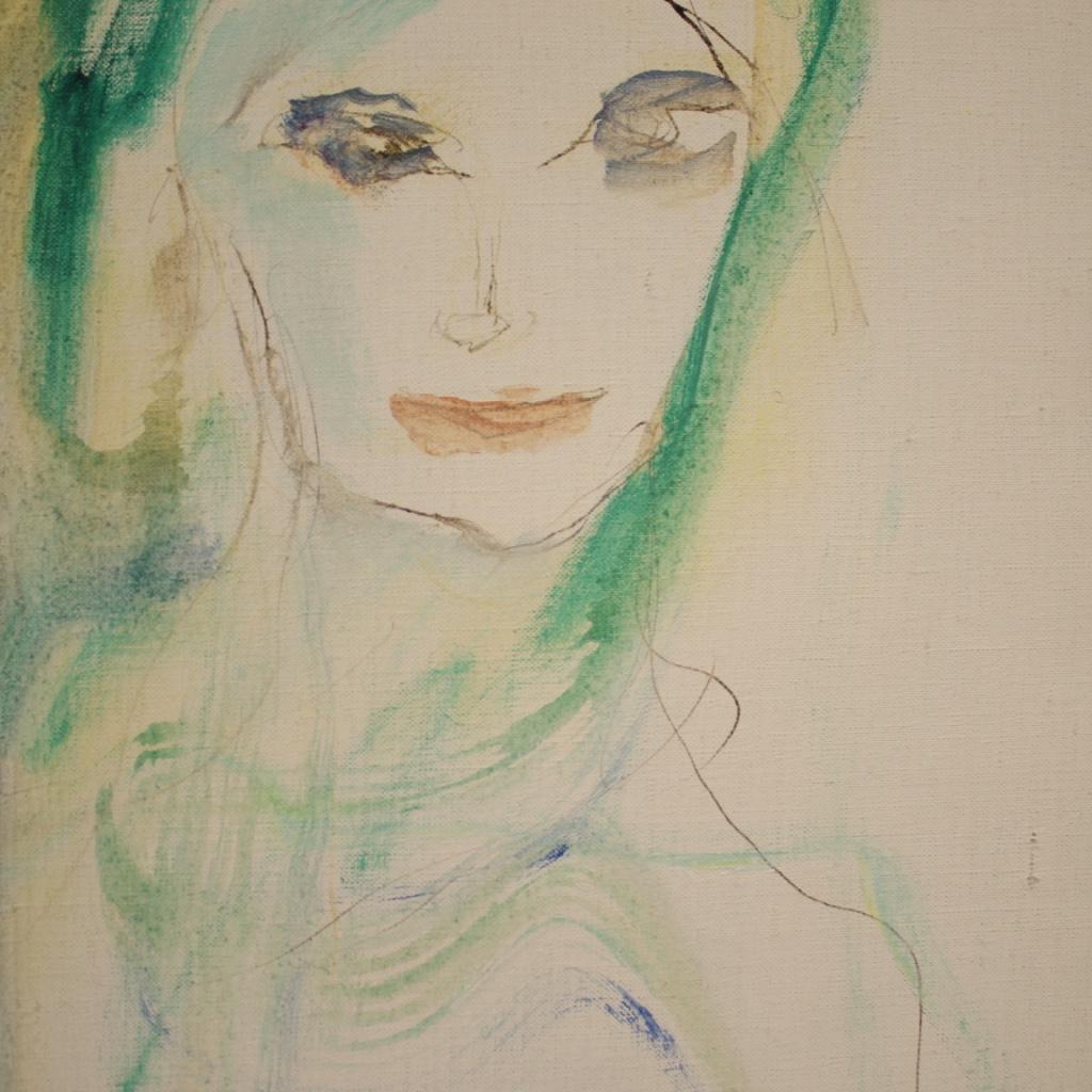 20th Century Mixed Media on Canvas Italian Female Portrait Painting, 1970 For Sale 2