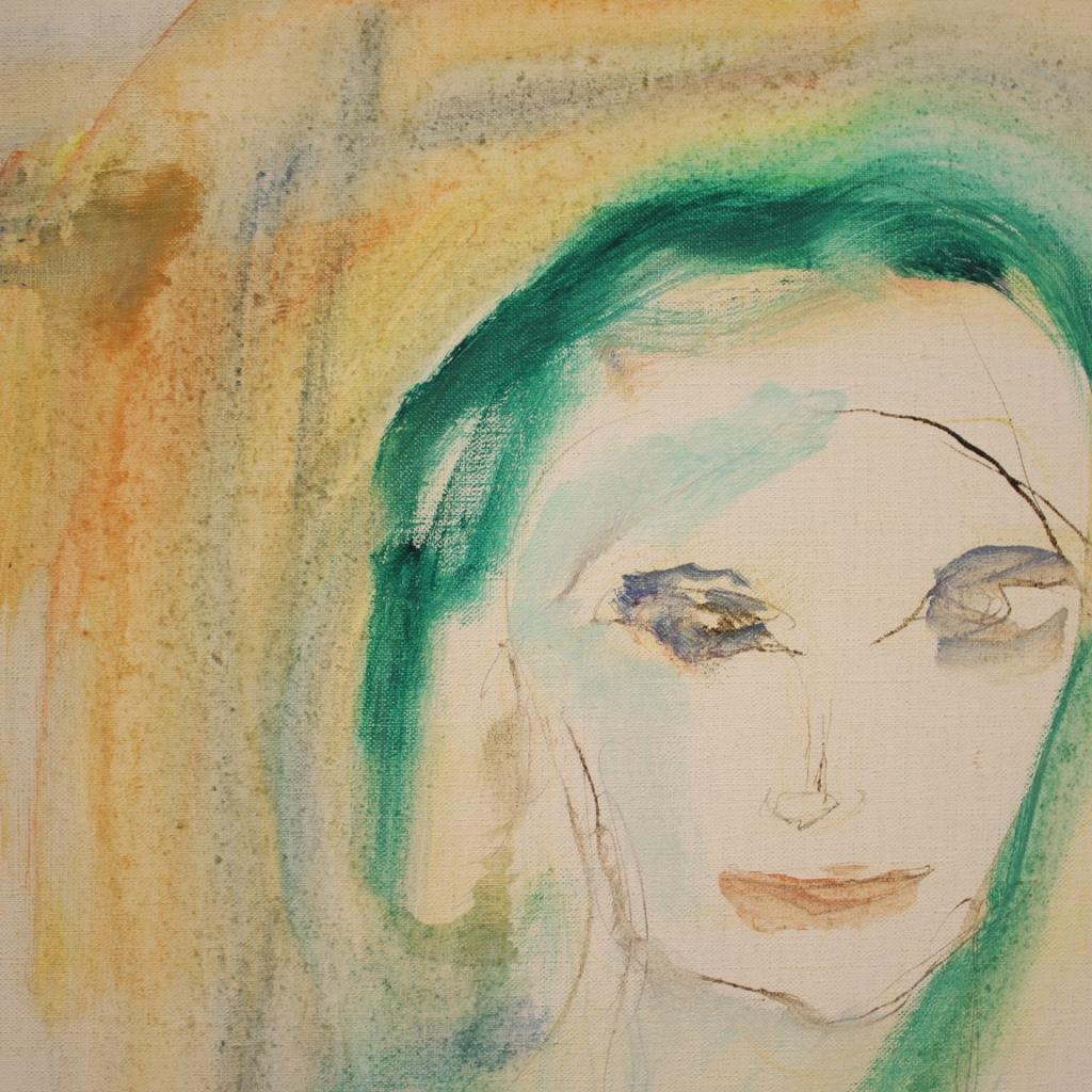 Mixed Media auf Leinwand Italienisches weibliches Porträtgemälde des 20. Jahrhunderts, 1970 im Angebot 4