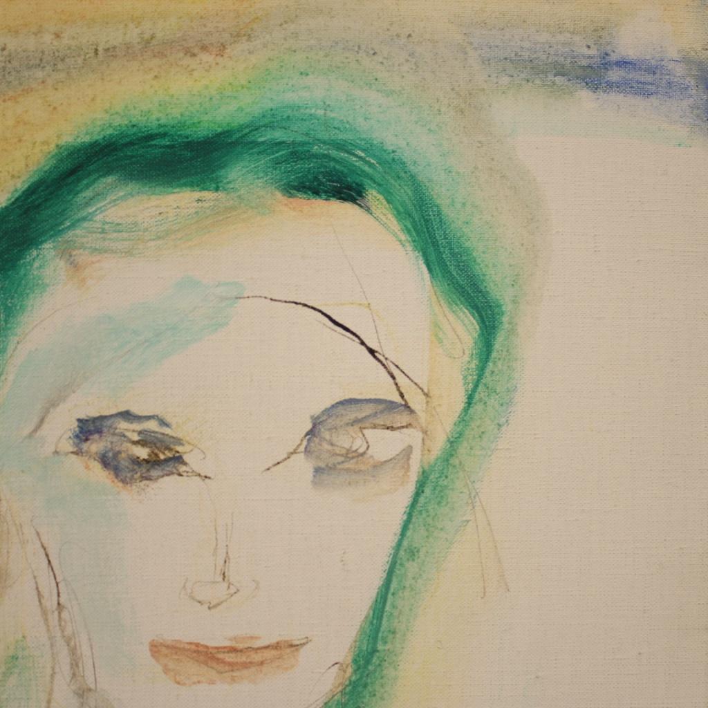 20th Century Mixed Media on Canvas Italian Female Portrait Painting, 1970 For Sale 5