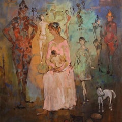 20th-Century Mixed Media on Canvas, Italian Painting: *Family of Acrobats*, 1981