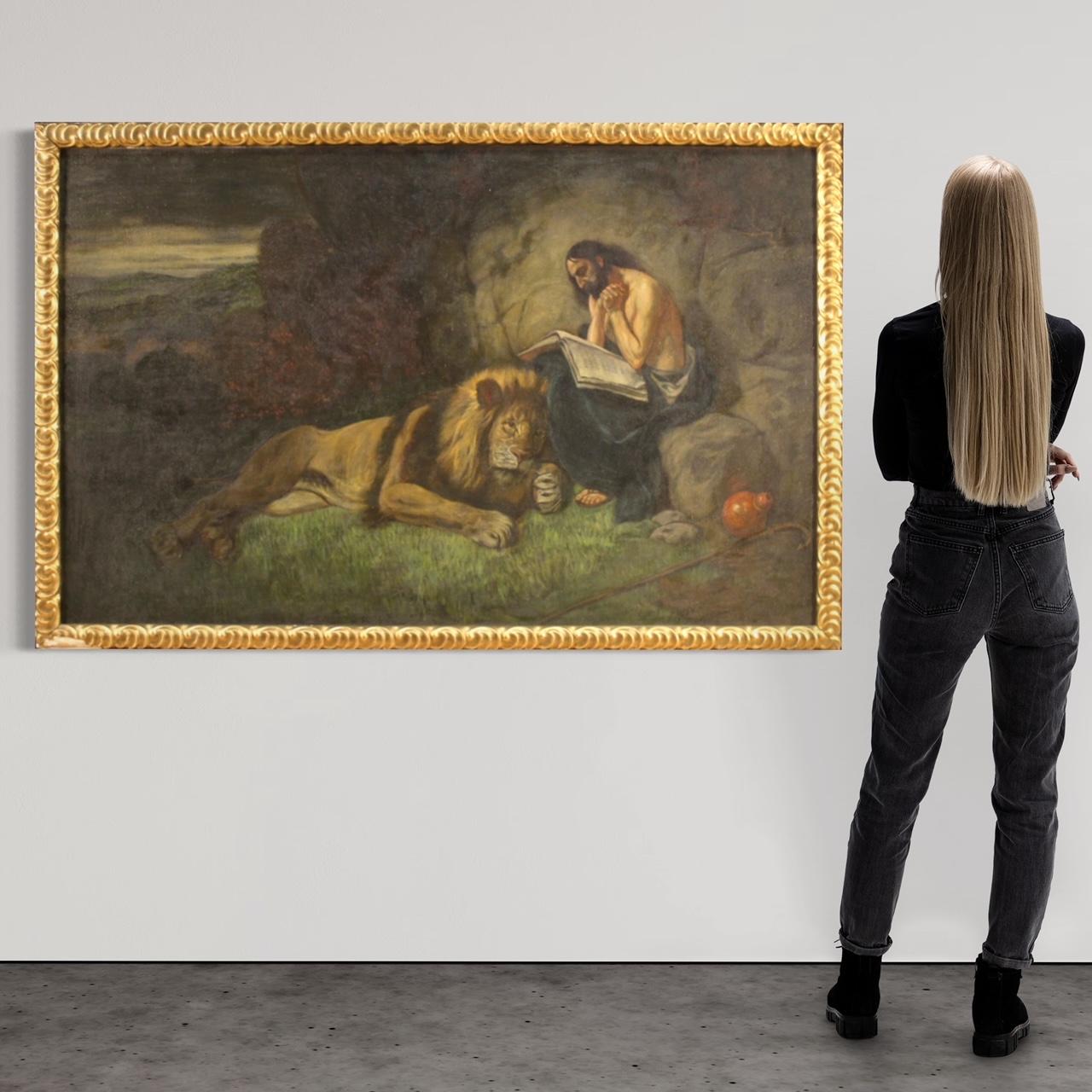 20th Century Mixed-Media on Canvas Italian Painting Saint Jerome with Lion, 1950 9
