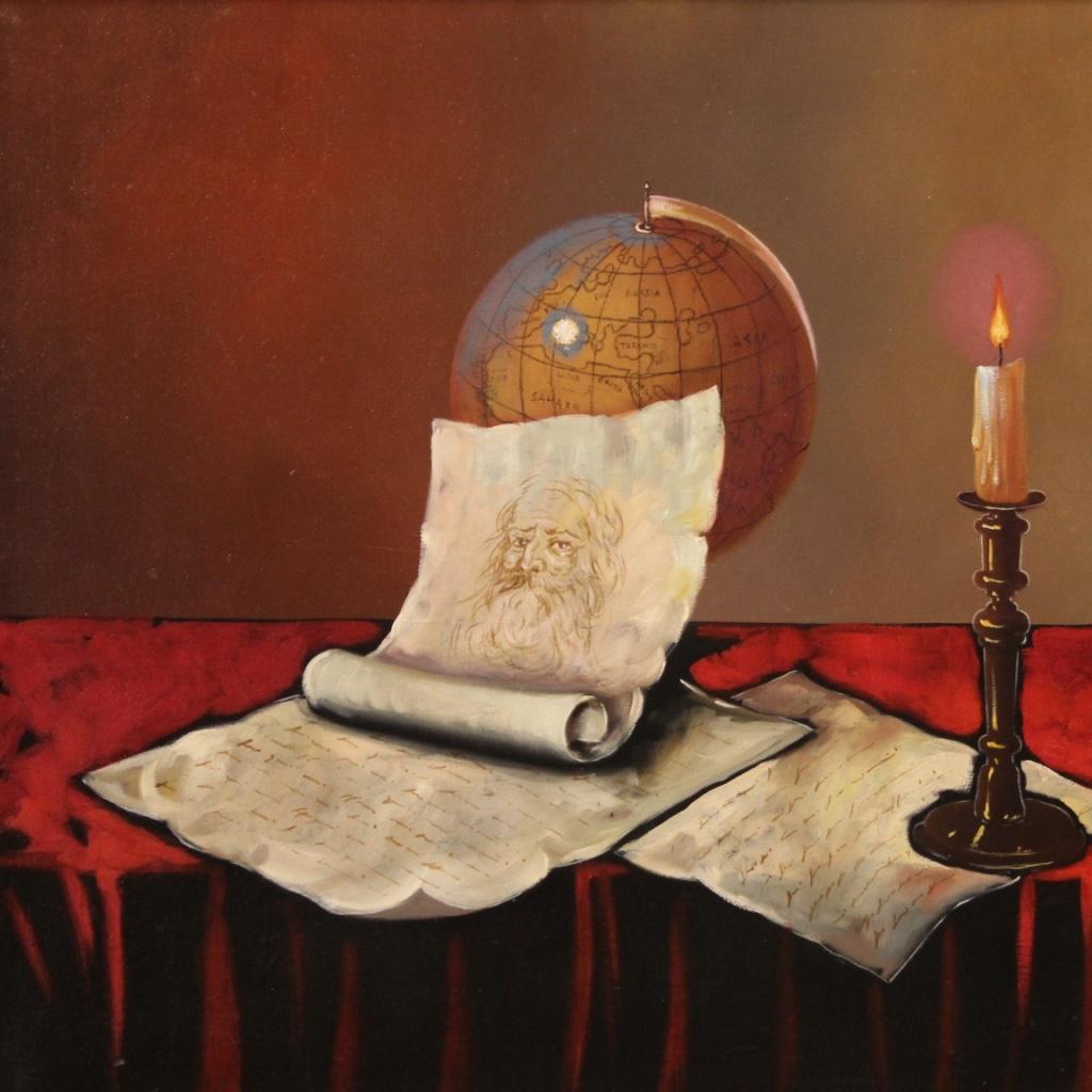 Italian painting from the late 20th century. Framework mixed media on canvas depicting still life, table adorned with a musical instrument, globe, candle, book and notes of good pictorial quality. Beautifully decorated carved and lacquered wooden