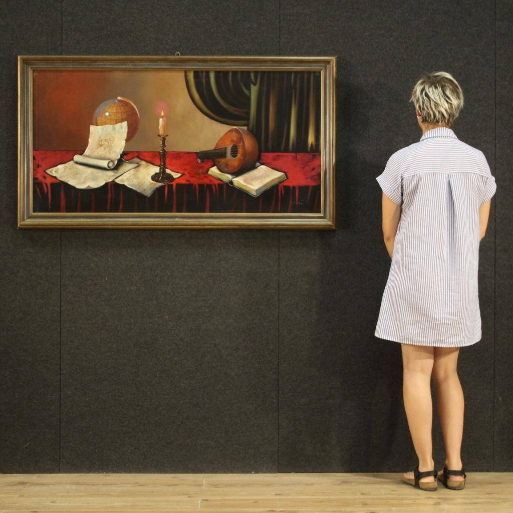 Mixed Media auf Leinwand Italienisches Gemälde des 20. Jahrhunderts Stilllebens, 1980 (Ende des 20. Jahrhunderts) im Angebot