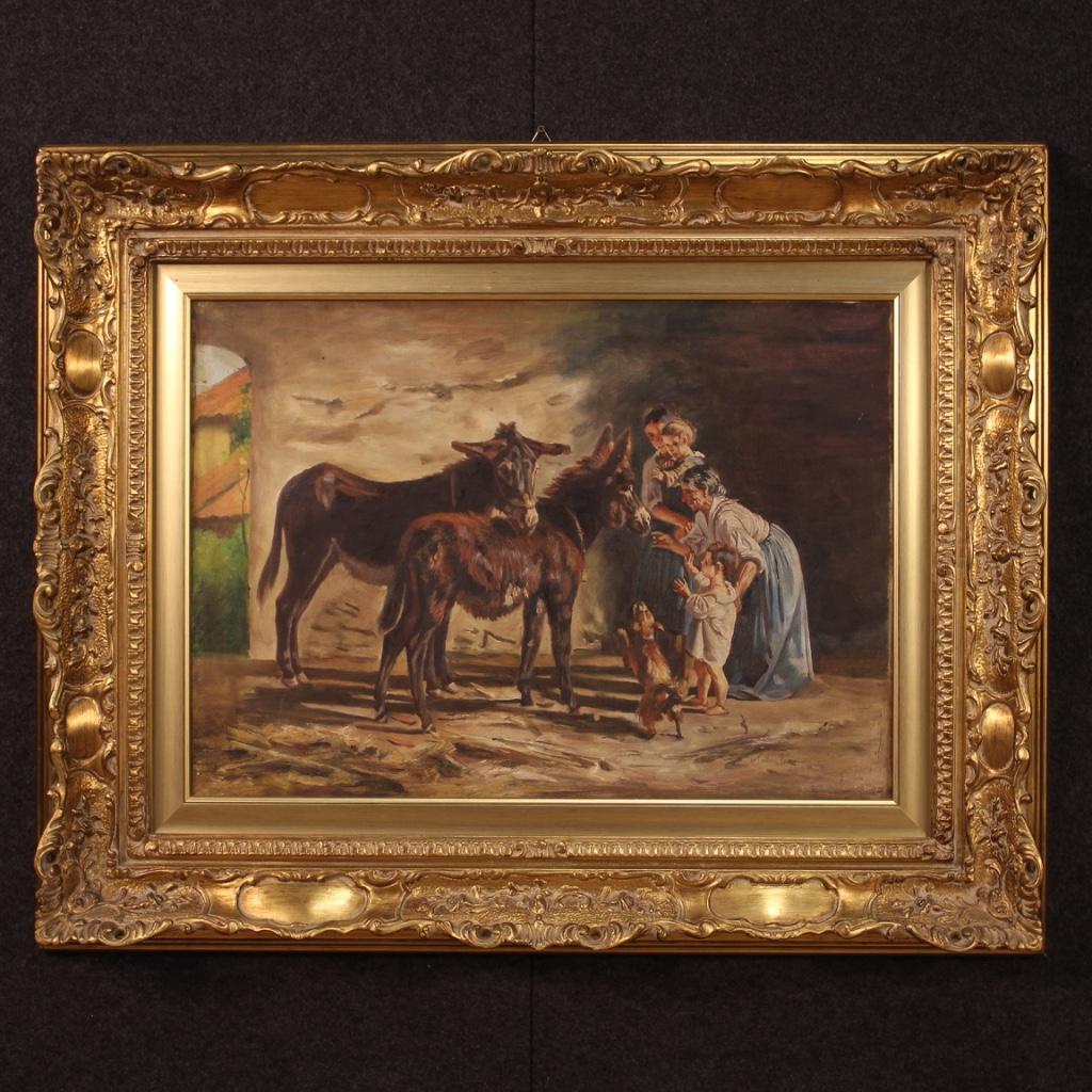 Italian painting from the second half of the 20th century. Mixed-media framework on canvas depicting a very pleasant popular scene with donkeys and popular characters. Painting of good pictorial quality, the refinement with which the donkeys in the