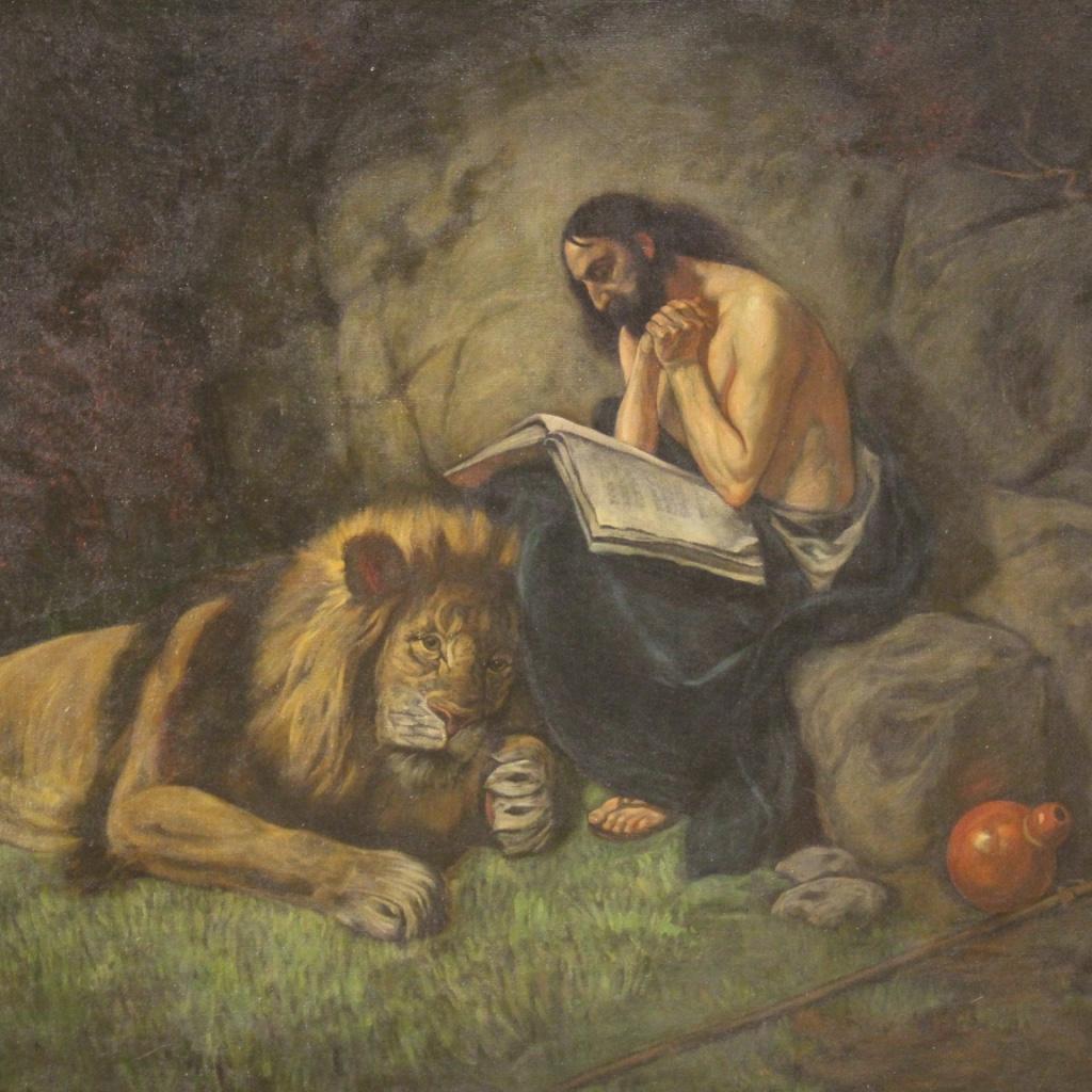Italian painting from the mid-20th century. Mixed-media framework on canvas depicting a subject of sacred art St. Jerome with a lion of good pictorial quality. Framework of great measure and impact, for antique dealers, interior decorators and