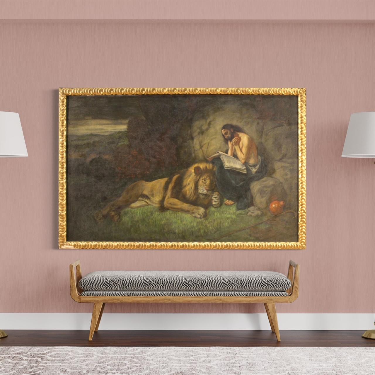 Italian painting from the mid-20th century. Mixed media framework on canvas depicting a subject of sacred art St. Louis. Jerome with a lion of good pictorial quality. Framework of great measure and impact, for antique dealers, interior decorators