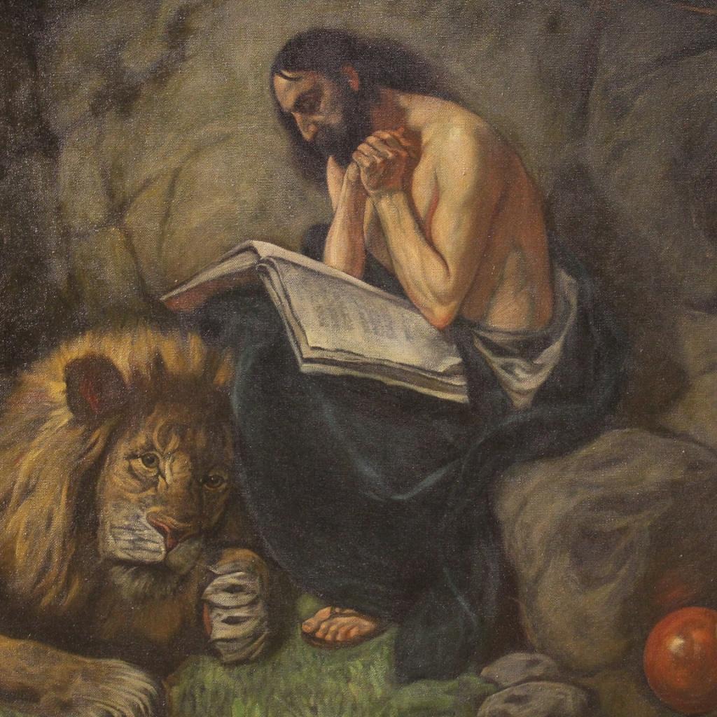 20th Century Mixed-Media on Canvas Italian Painting Saint Jerome with Lion, 1950 In Good Condition In Vicoforte, Piedmont