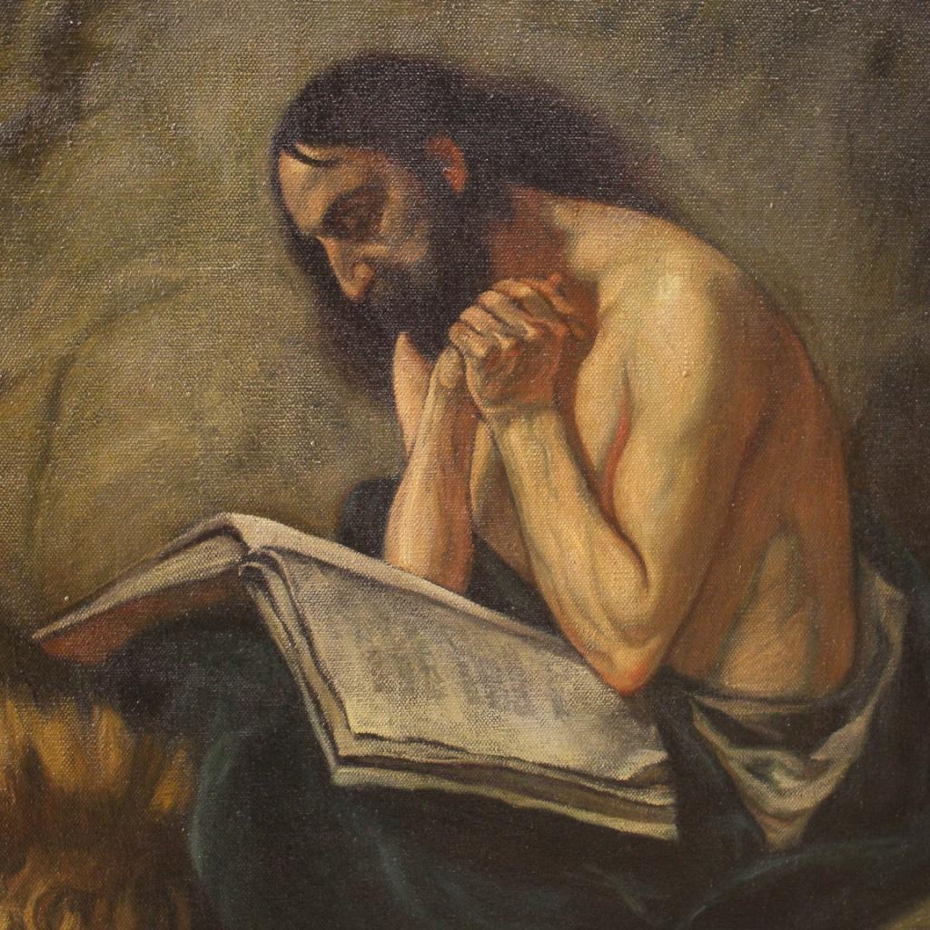 20th Century Mixed-Media on Canvas Italian Painting Saint Jerome with Lion, 1950 4