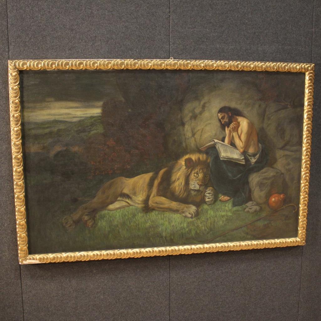 20th Century Mixed-Media on Canvas Italian Painting Saint Jerome with Lion, 1950 6