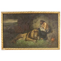 20th Century Mixed-Media on Canvas Italian Painting Saint Jerome with Lion, 1950