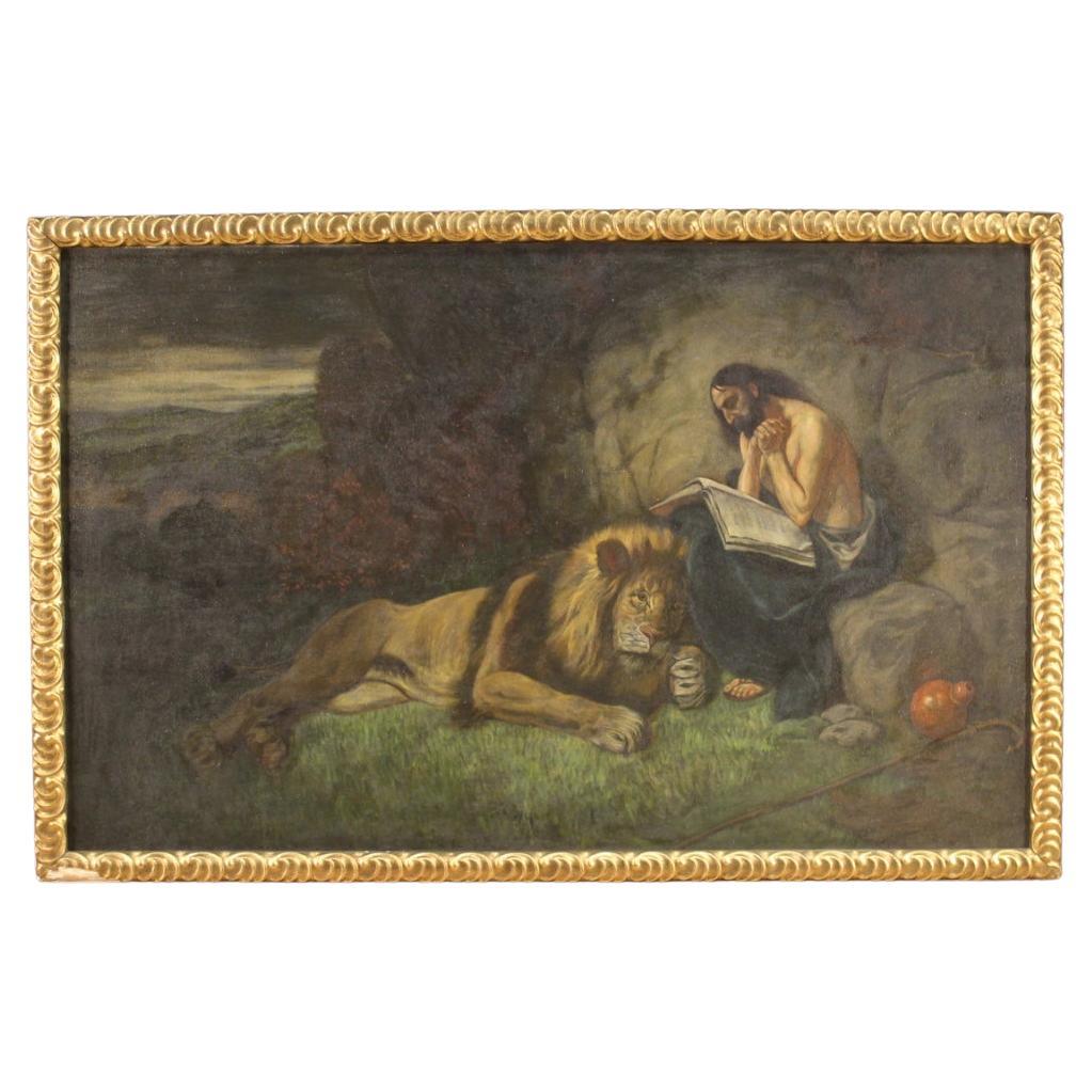 20e siècle Mixed-Media sur toile Peinture religieuse italienne Saint Jérôme, 1950 en vente