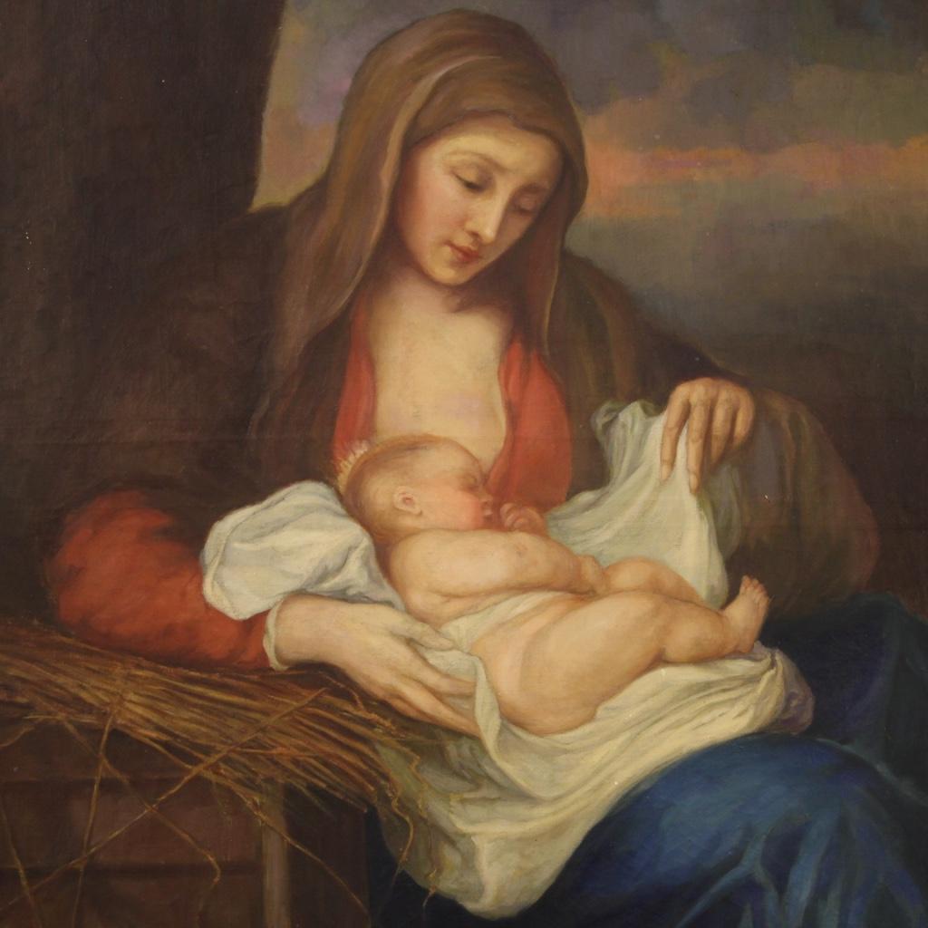 20th Century Mixed-Media on Canvas Italian Religious Painting Virgin with Child In Good Condition In Vicoforte, Piedmont
